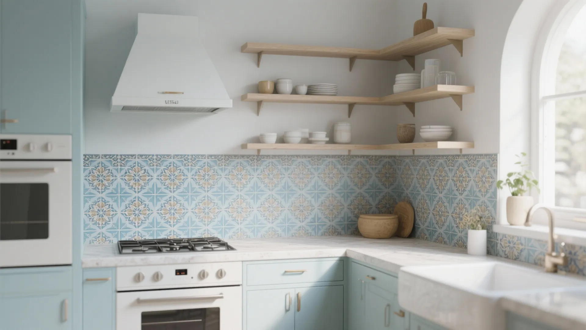 Kitchen accent wall with Moroccan patterned tiles