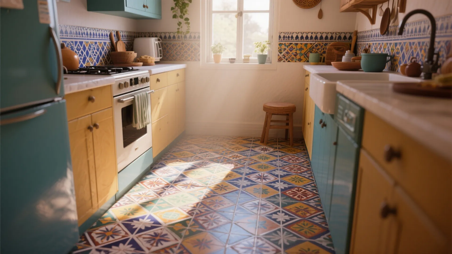Colorful kitchen with patterned floor tiles yellow cabinets blue fridge white sink and sunlight window
