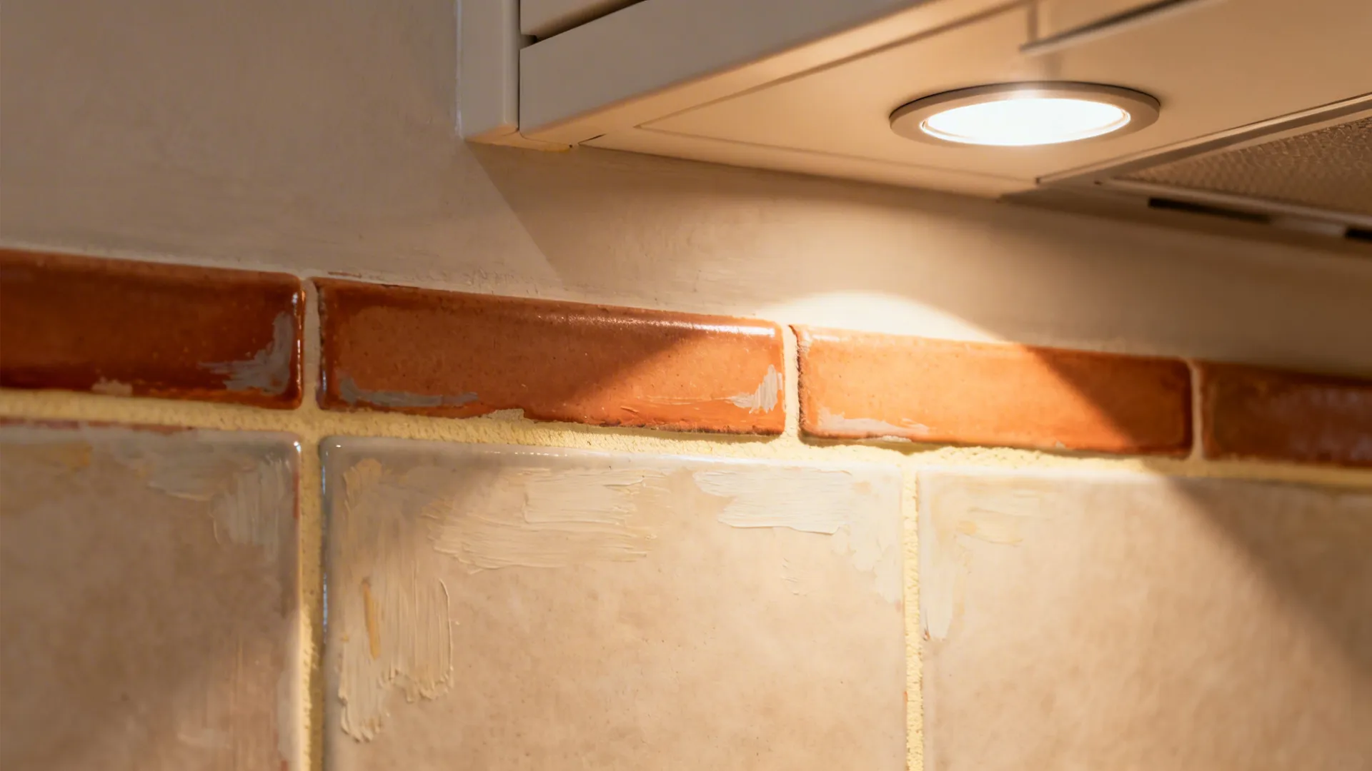 Macro of hand-painted terracotta tile with matte glaze under warm light.