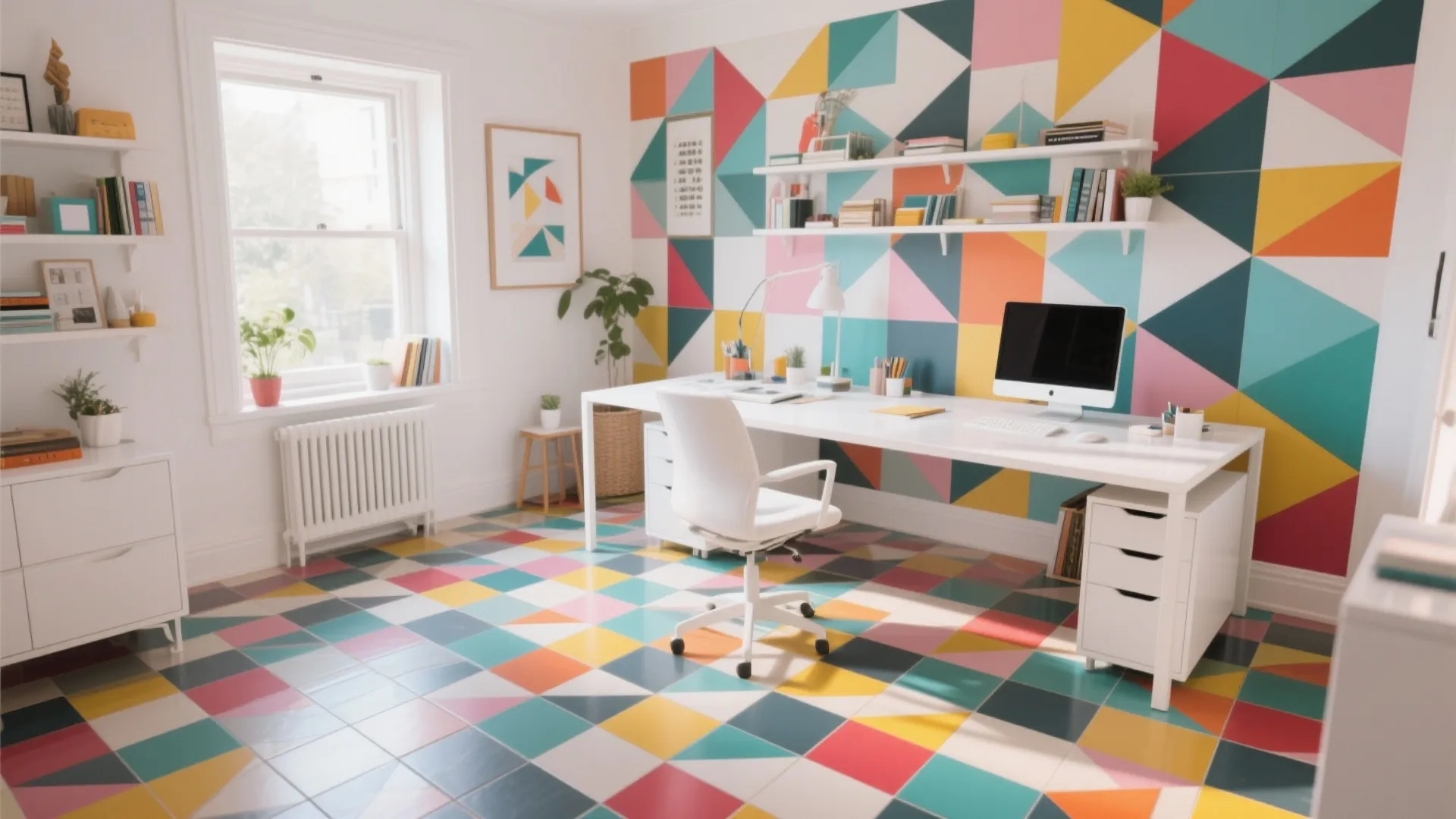 Colorful home office with geometric pattern floor tiles and matching wall design with white desk