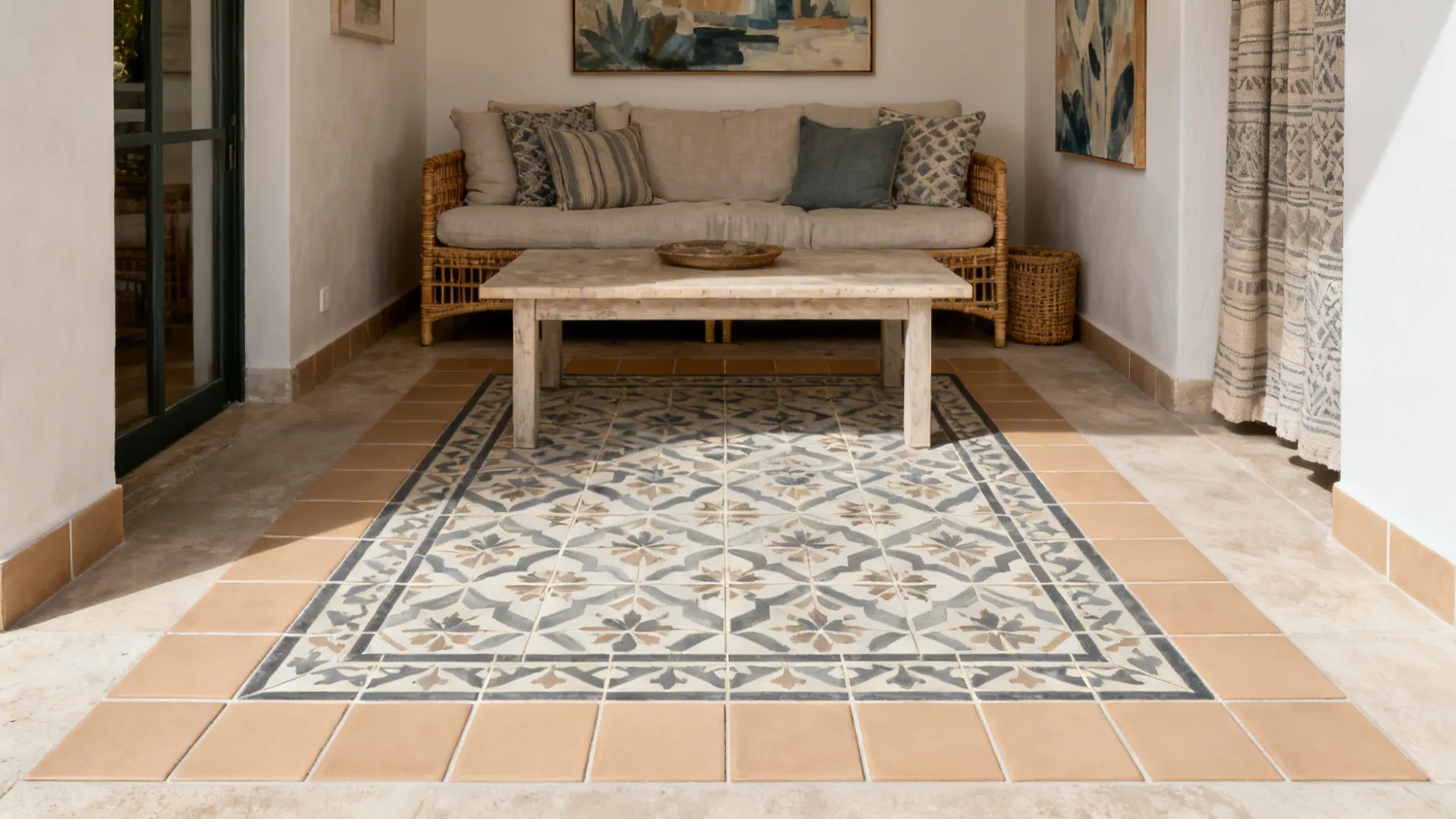 Outdoor patio area with patterned floor tile rug design wooden coffee table and soft grey sofa