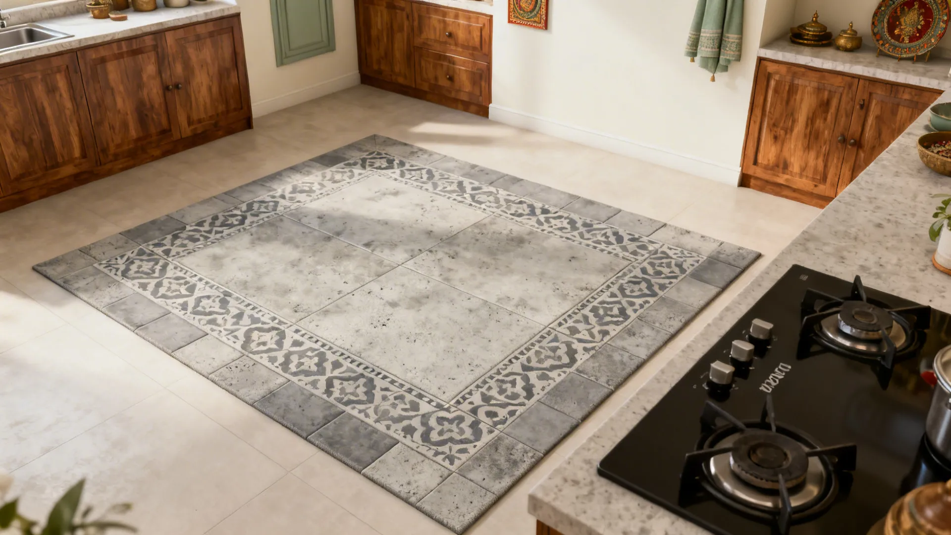 Kitchen with a cement-look patterned tile rug inset by the cooking zone