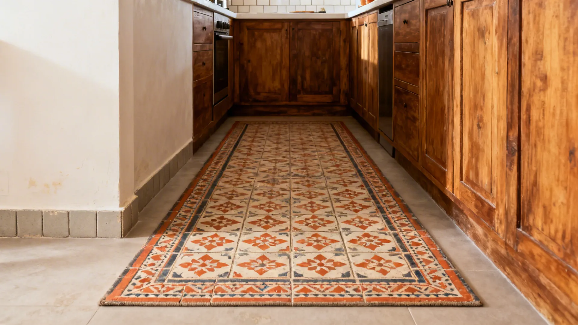 Compact kitchen with a patterned cement tile rug and warm terracotta tones.