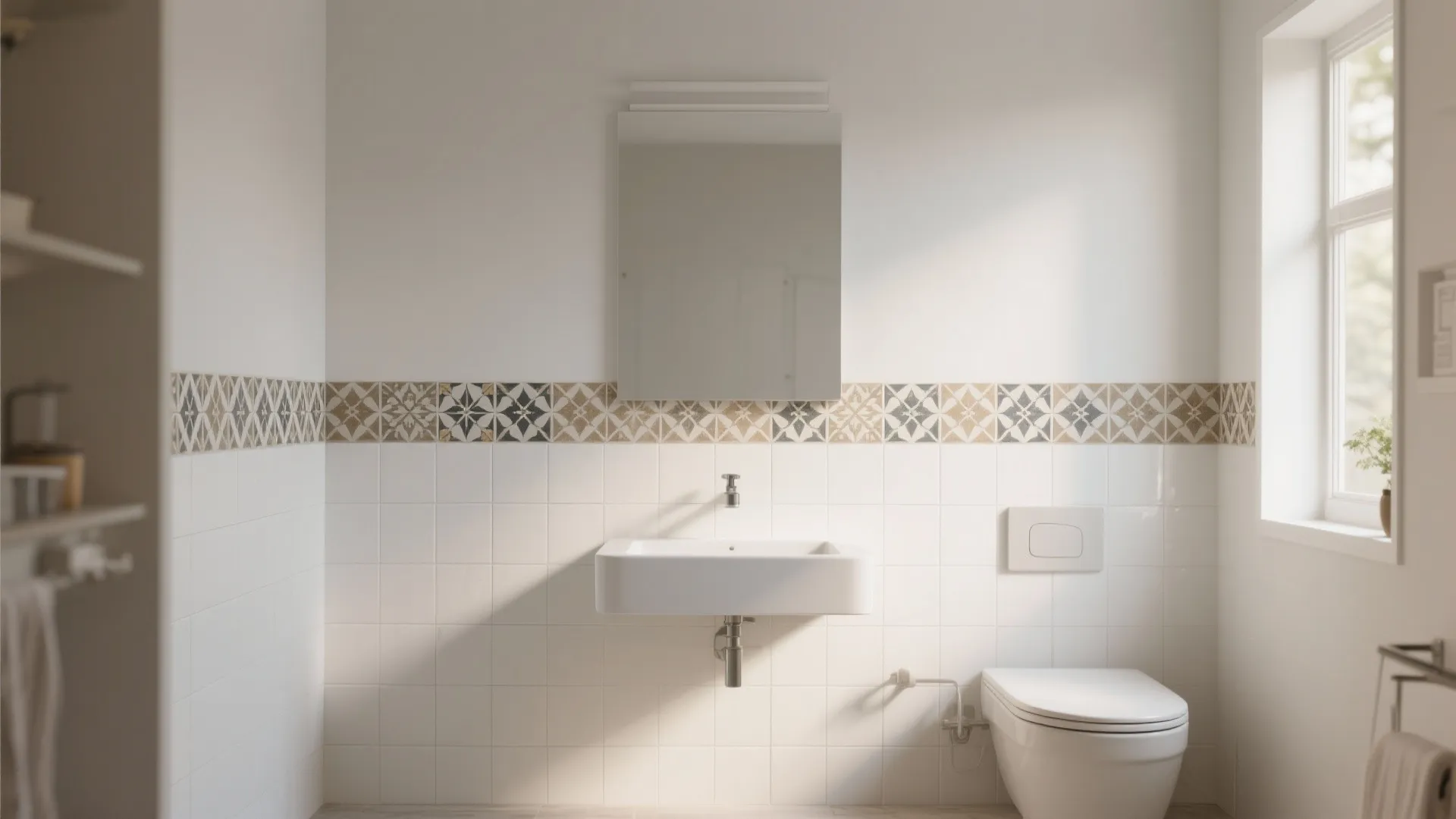 White tile bathroom with a horizontal band of encaustic geometric patterned tiles behind the vanity