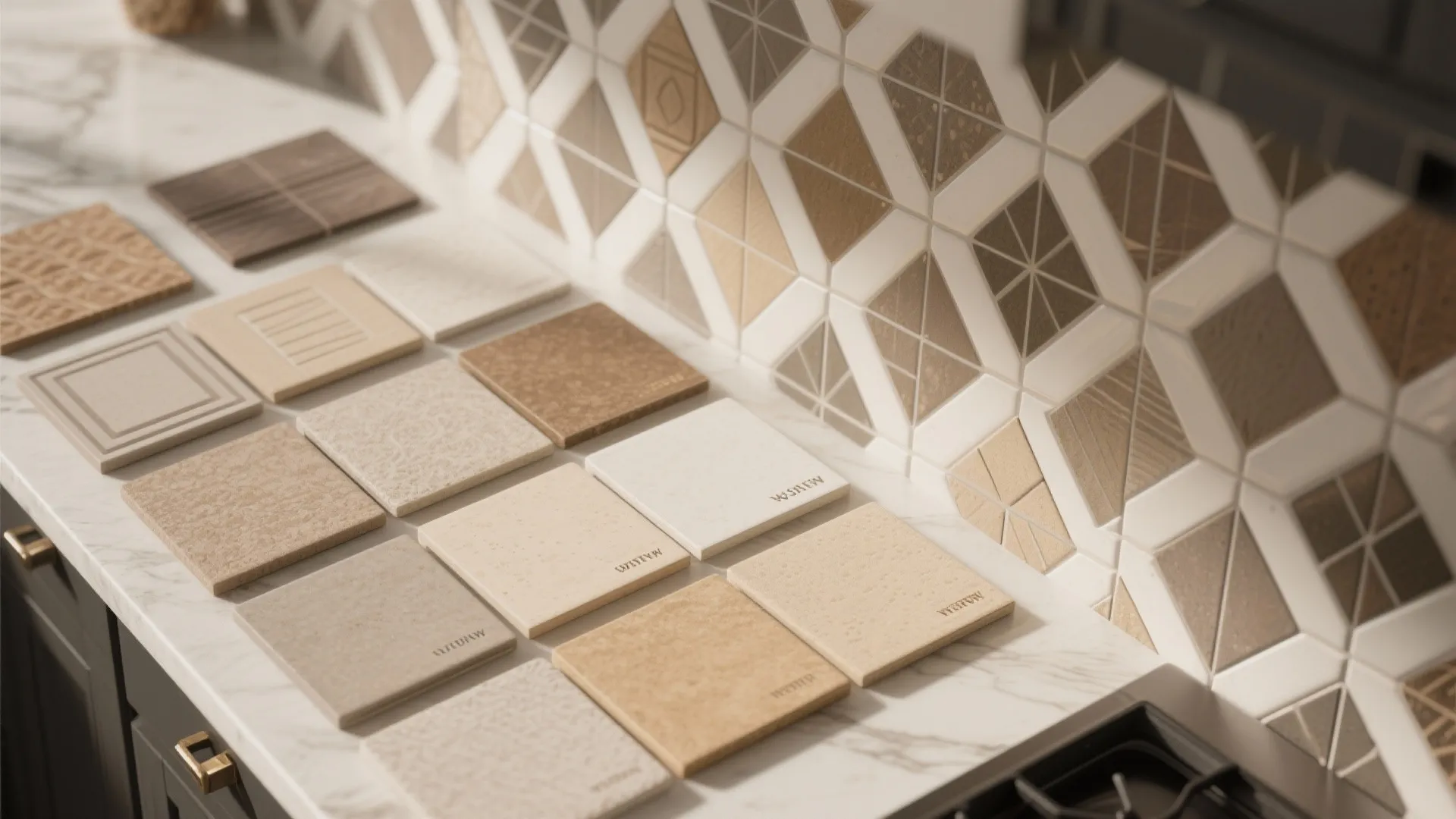 Various square stone tile samples displayed on a white marble counter next to patterned wall