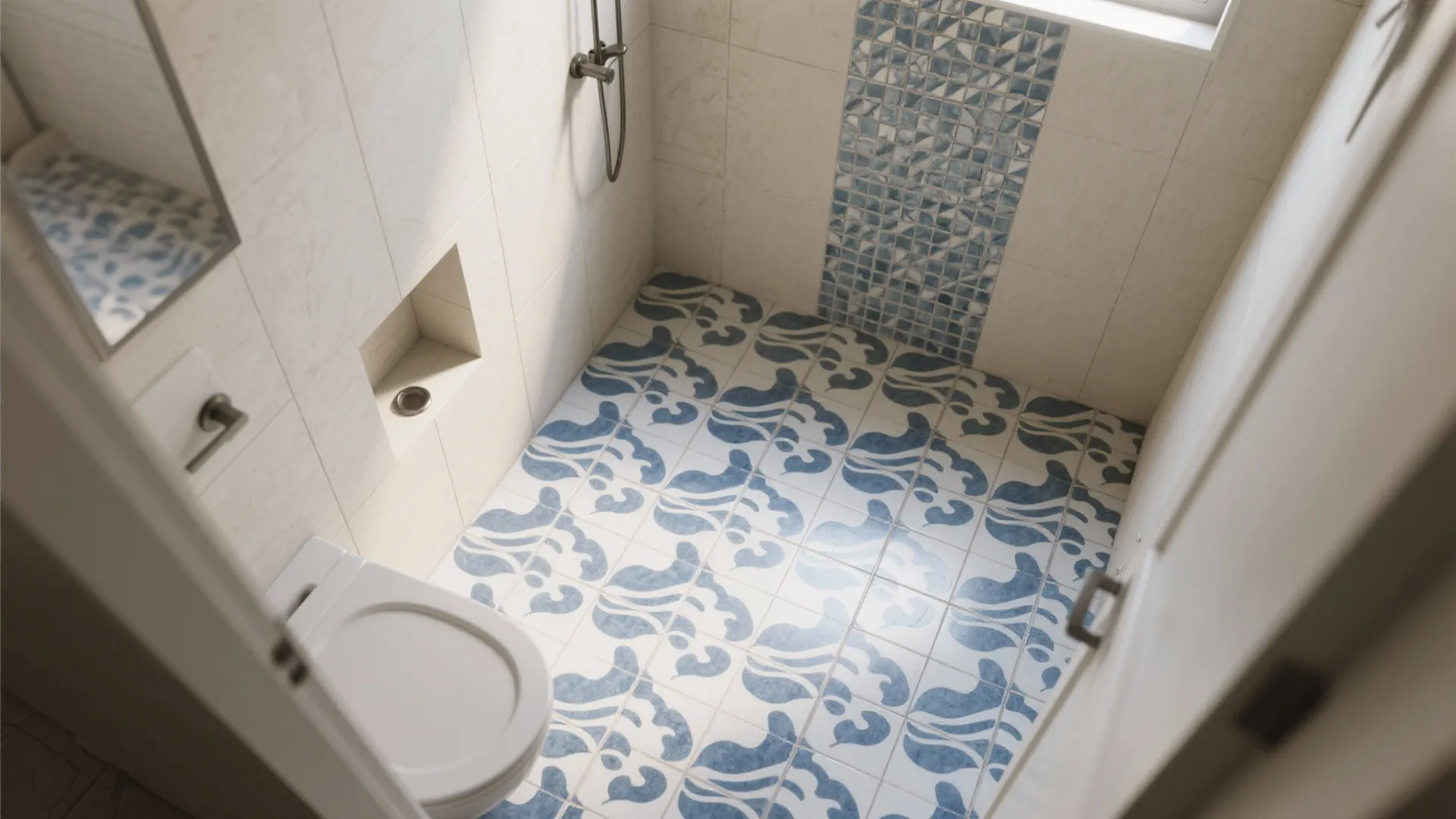 Modern bathroom shower area with blue pattern floor tiles white wall tiles and toilet seat