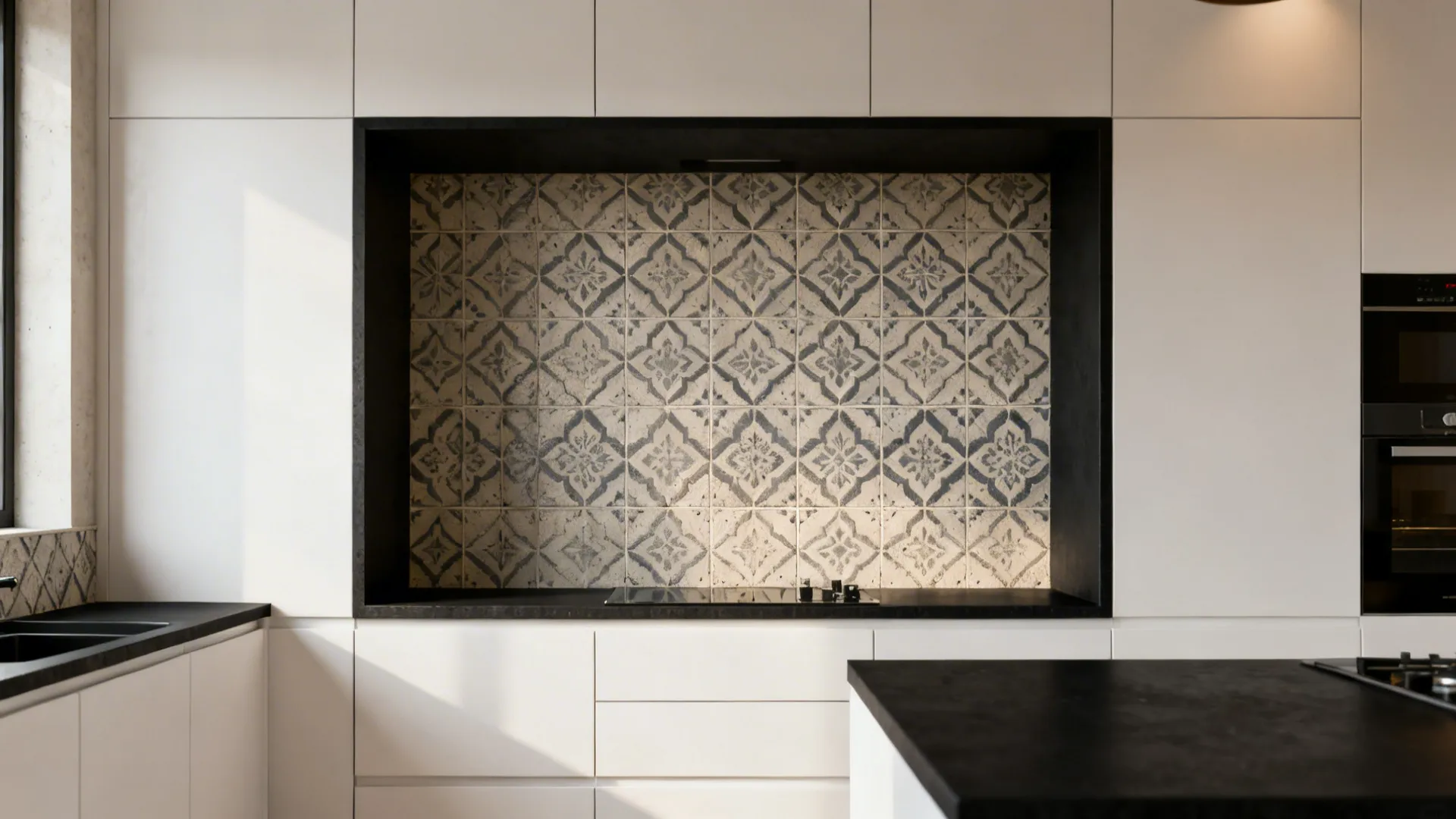Kitchen design with white cabinets black countertop and square patterned tiles in a recessed wall