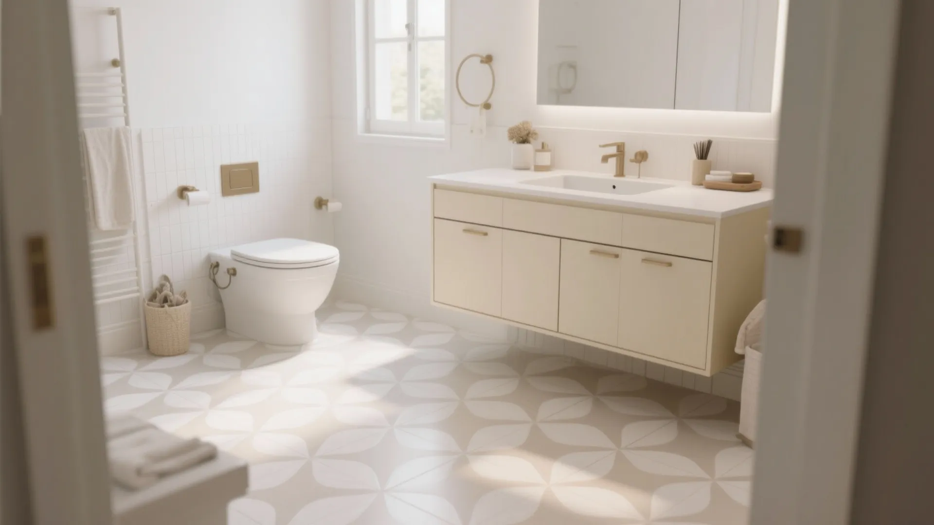 Modern bathroom with patterned floor tiles cream cabinet white toilet and gold faucets with mirror