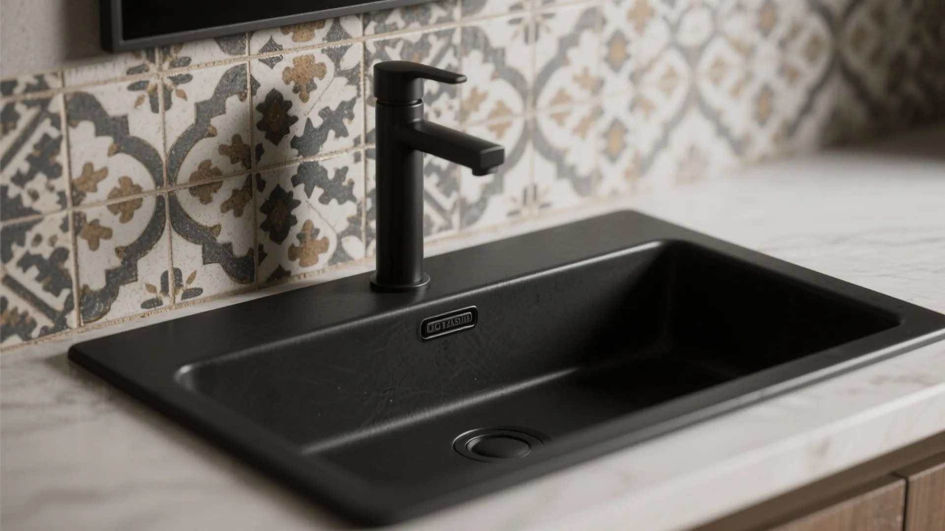 Close up of black kitchen sink and faucet with decorative patterned wall tiles and countertop