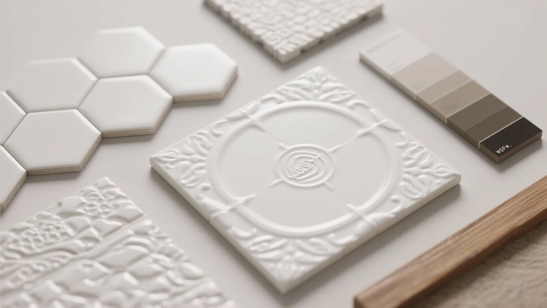 Collection of white patterned tiles hexagon tiles and neutral color palette swatches for interior design