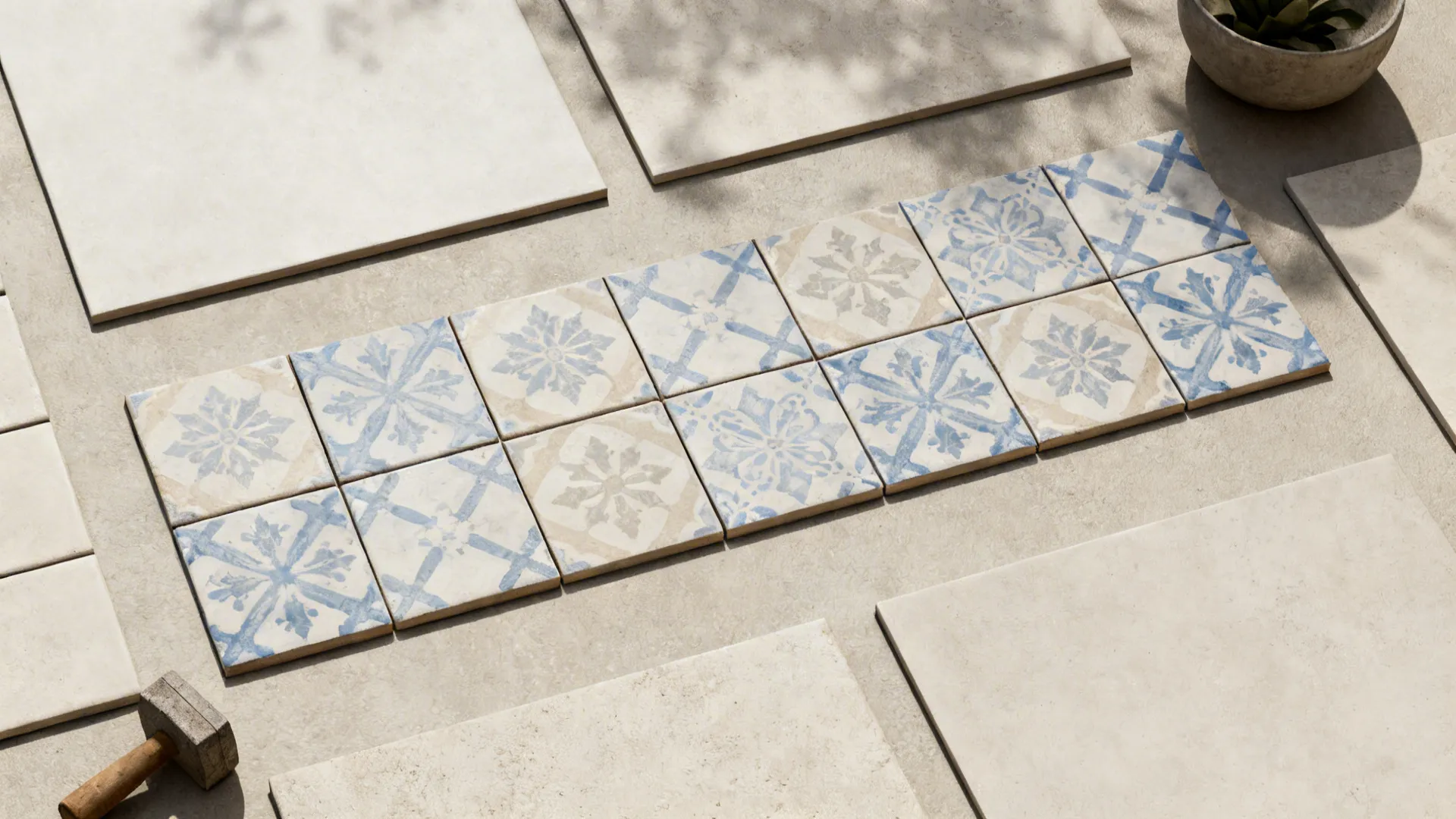 Flatlay of muted patterned tiles with plain swatches showing focal strip concept.