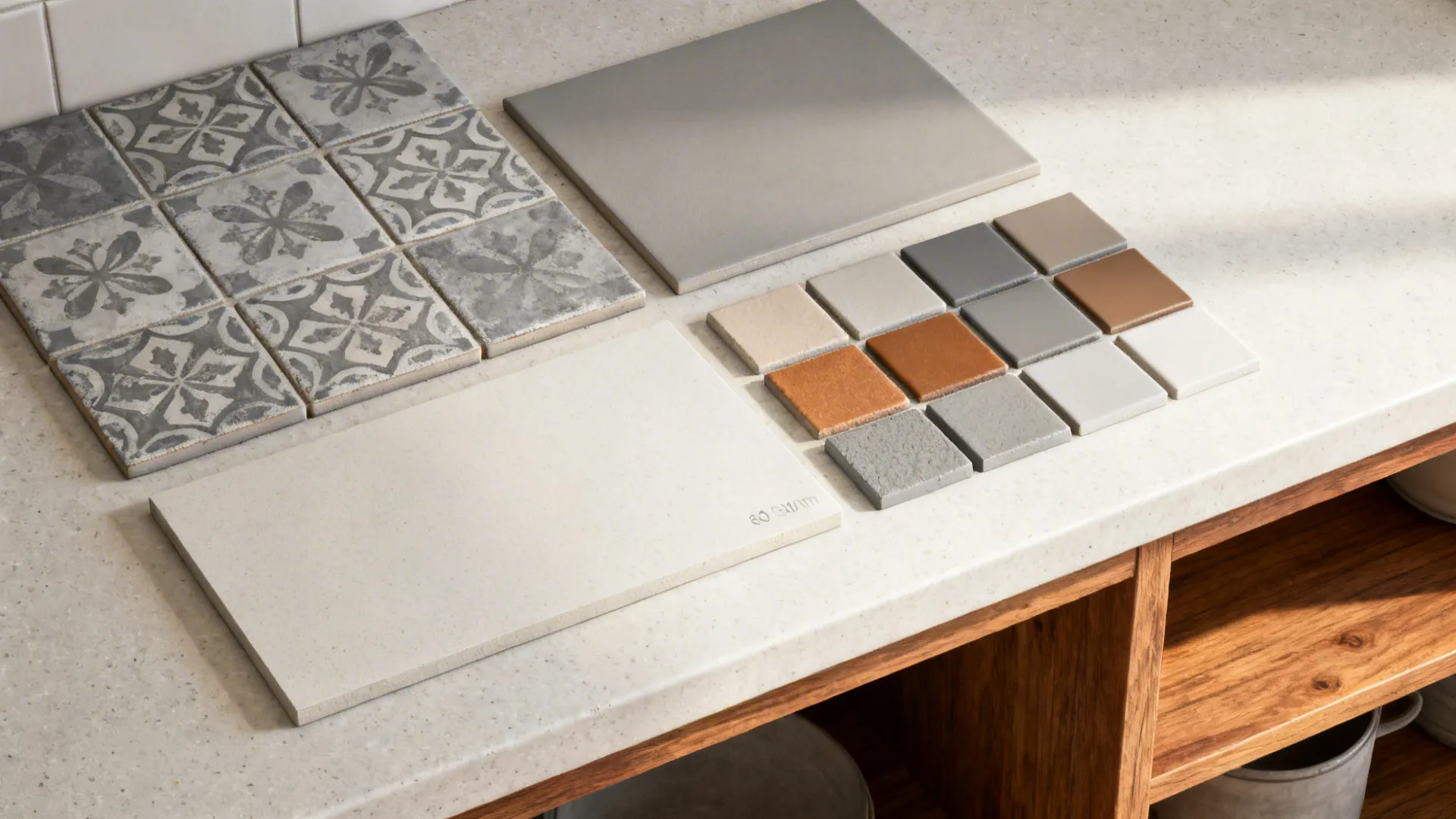 Flat lay with encaustic-look patterned tile, matte wall tile, light counter, wood finish, and gray grout.