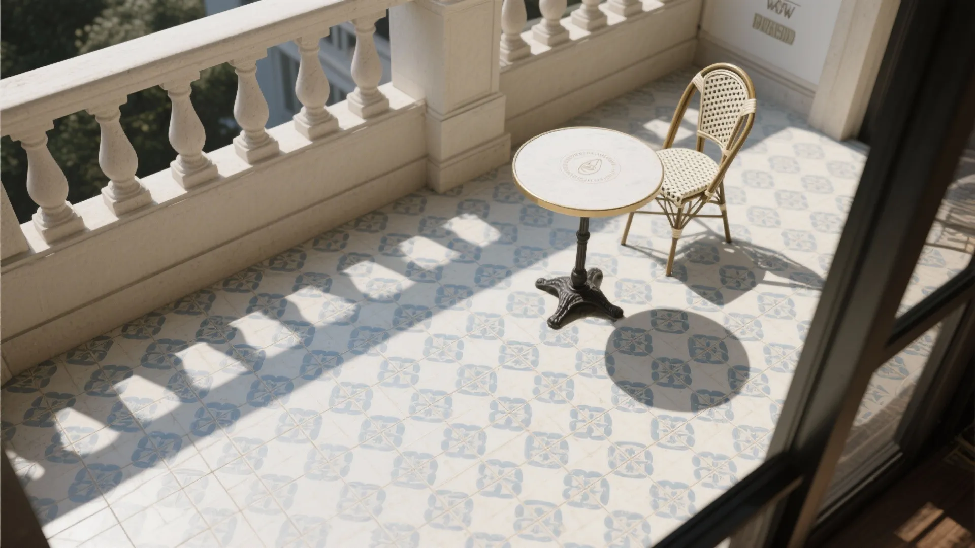 Top-down view of blue-and-ivory encaustic-style tiles with a plain border and slim bistro set.