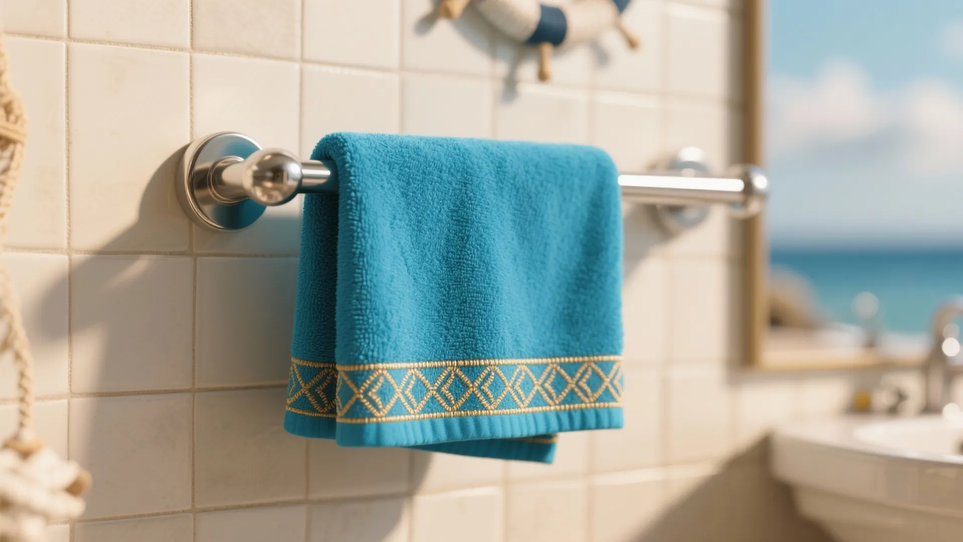Close up of bright blue towel with yellow pattern hanging on a silver metal bar