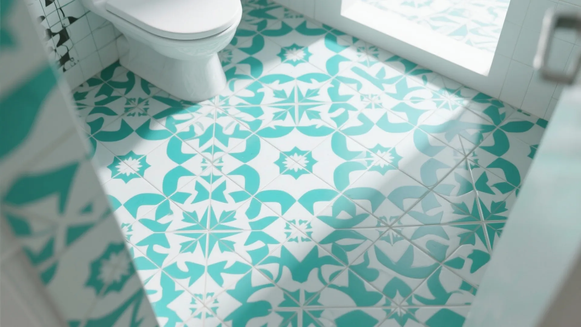 Bathroom floor with white and blue patterned tiles located next to a white toilet and window