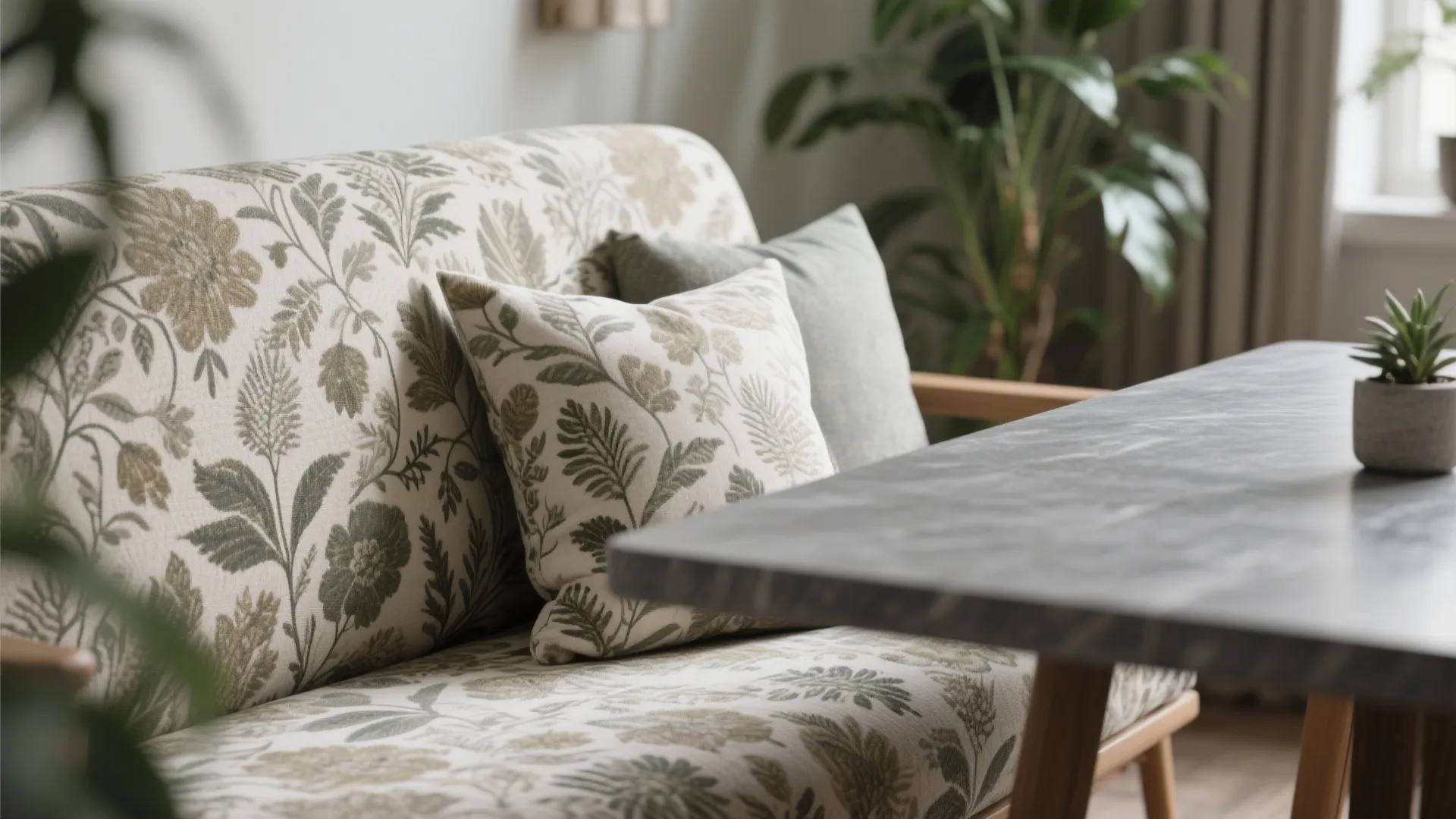 4. Mix grey with patterned upholstery for character