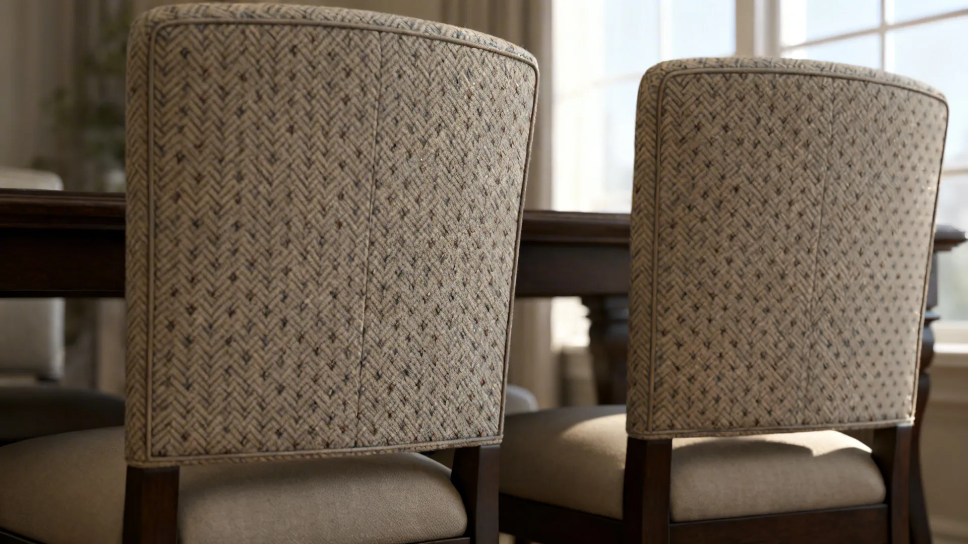 Paired dining chairs with small-scale herringbone and geometric patterned upholstery aligned across chair backs.