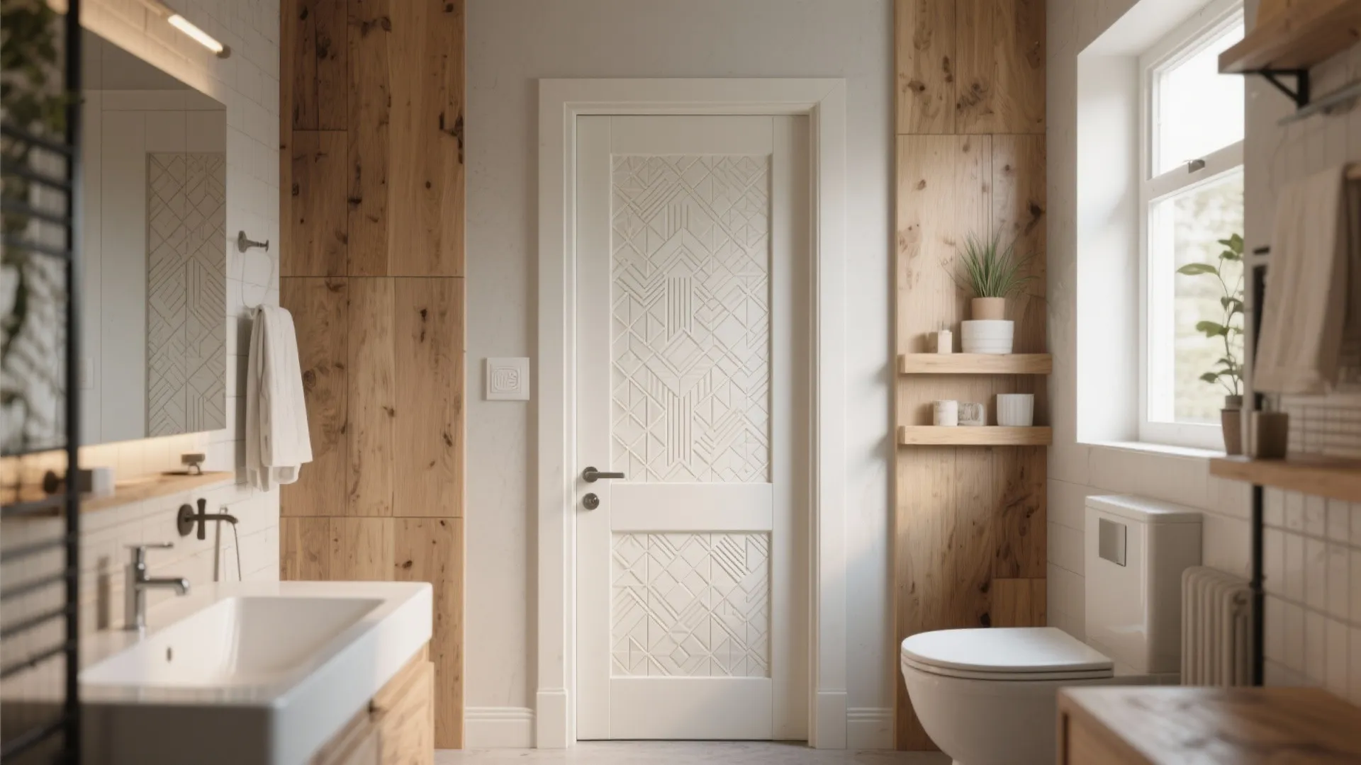 Modern bathroom with patterned white door wood wall panels white sink toilet and natural light