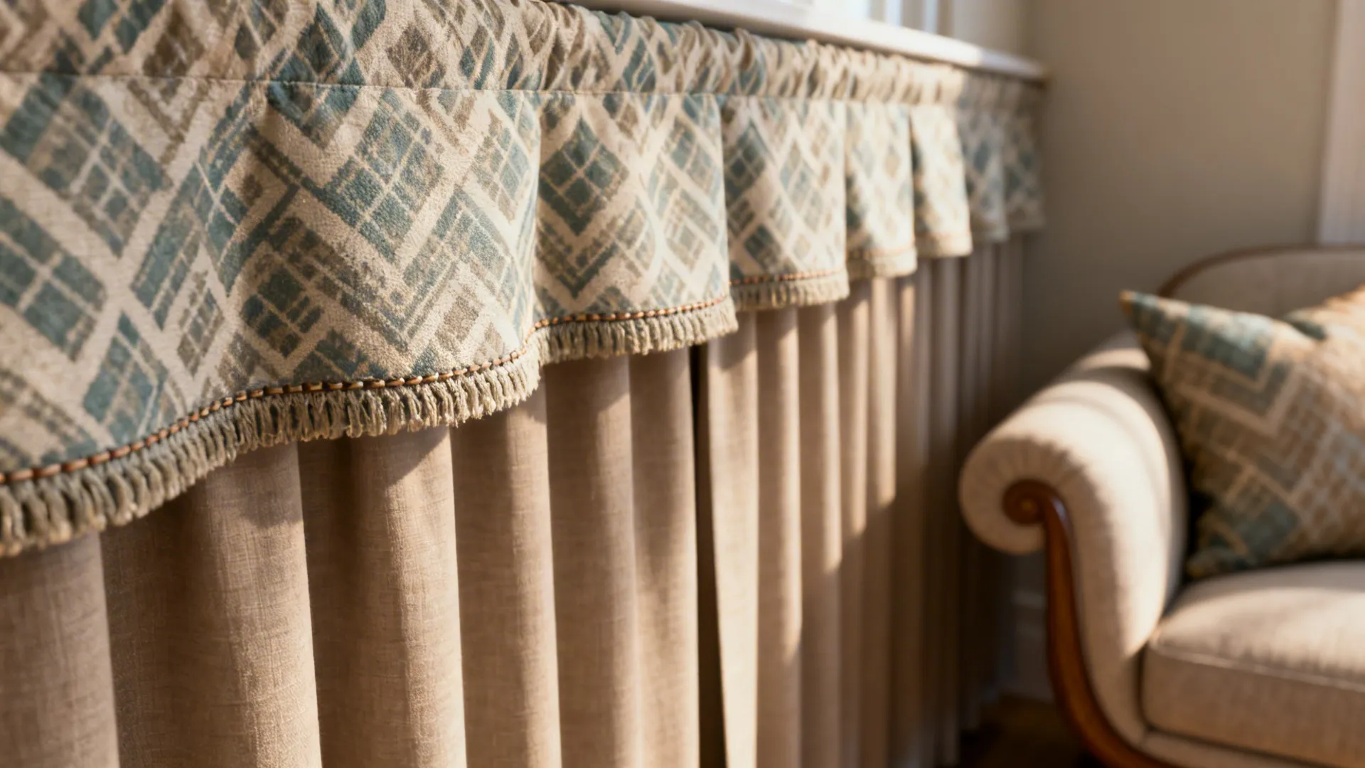 Close up of patterned curtain with fringe detail next to a sofa and matching pillow decoration
