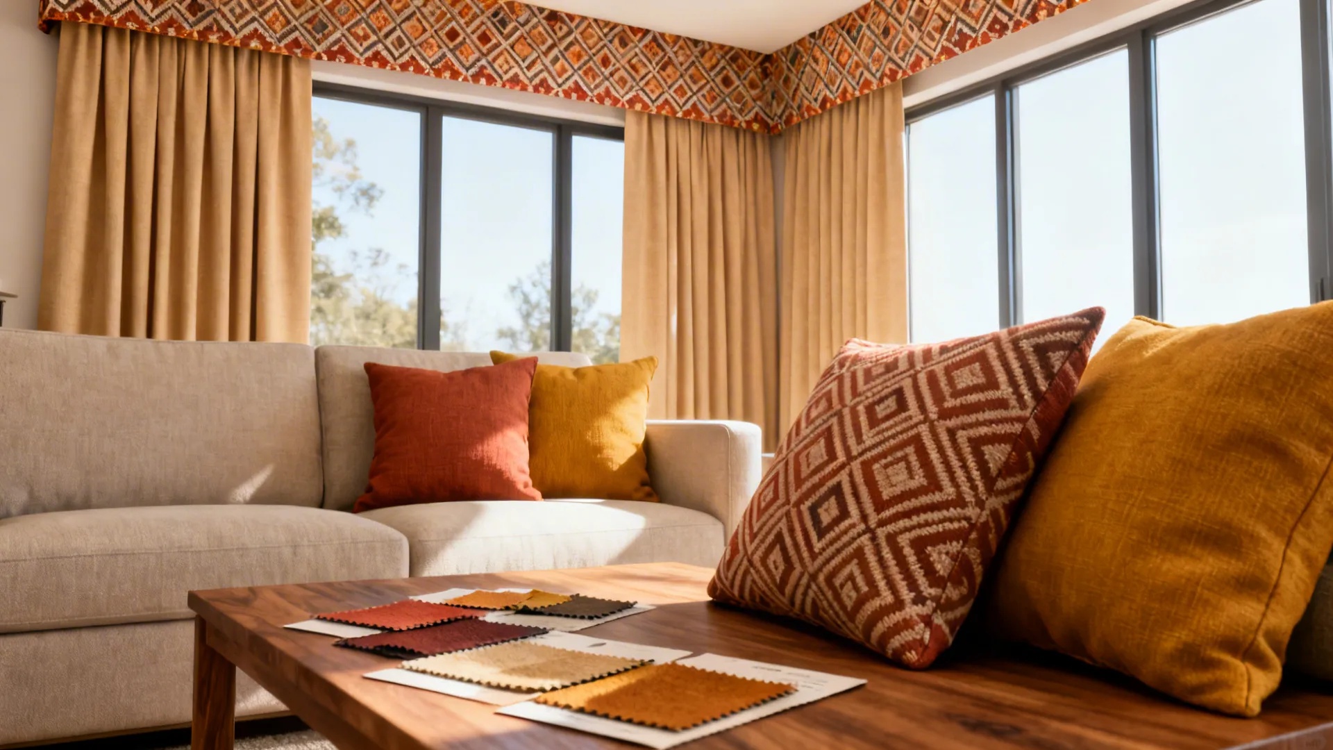 Living room with beige sofa patterned pillows fabric samples on table and patterned top curtain