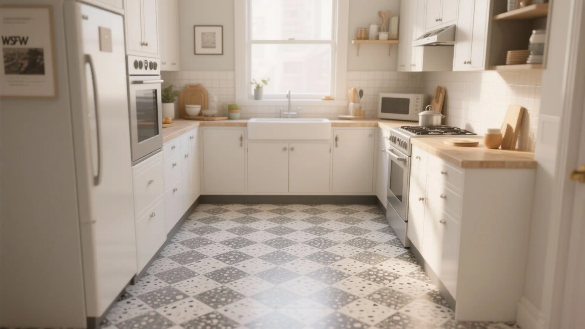 Bright kitchen with white cabinets patterned floor tiles wood countertop large window and white sink area