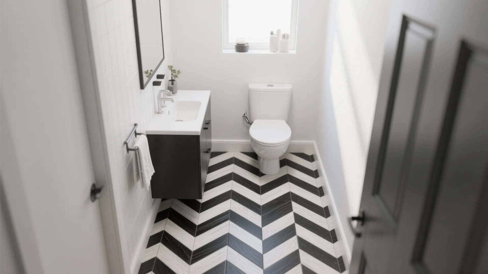 Modern small bathroom with black and white chevron floor tiles white toilet and dark cabinet