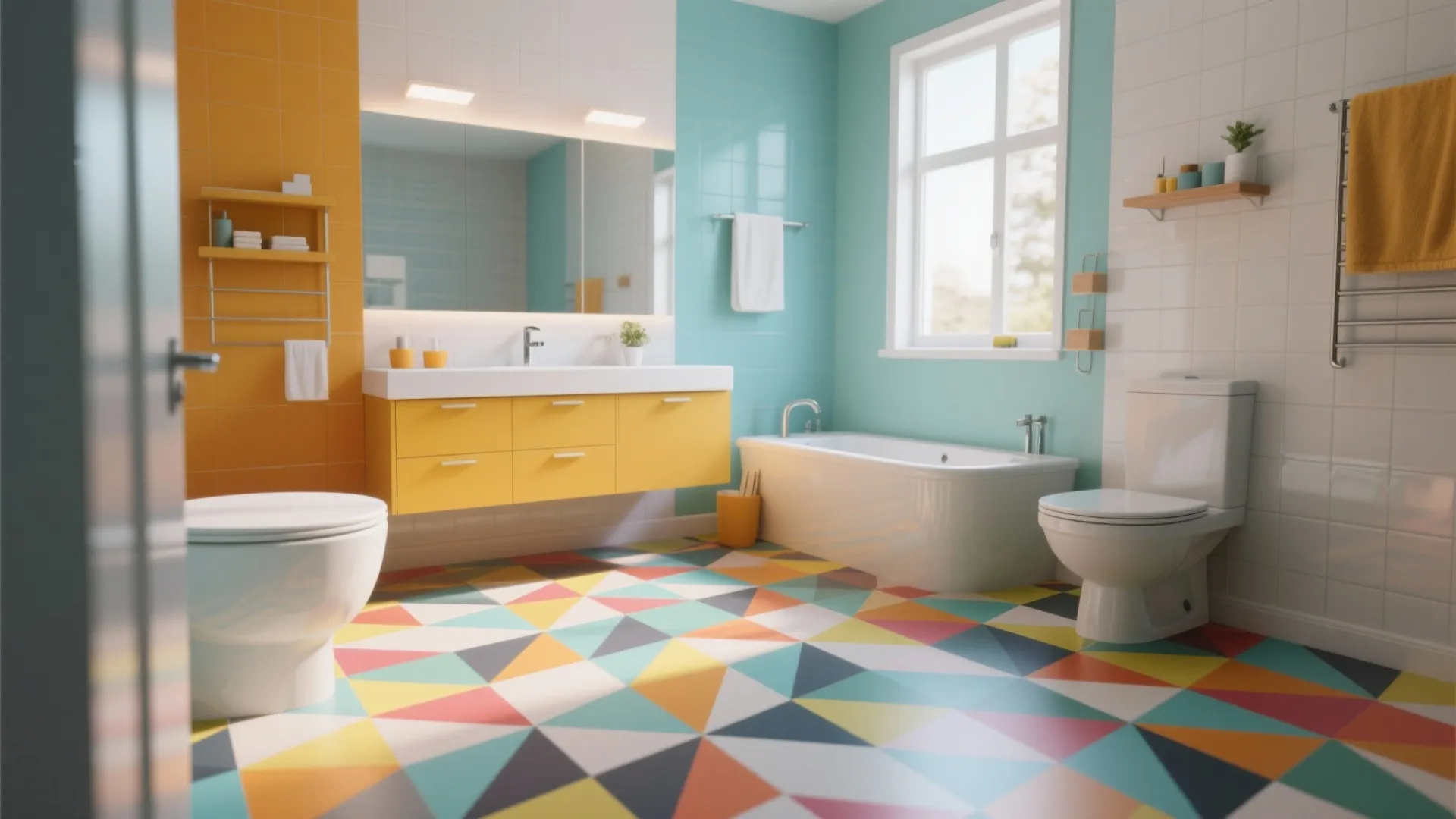 Bathroom floor with patterned vinyl sheets in colorful geometric patterns