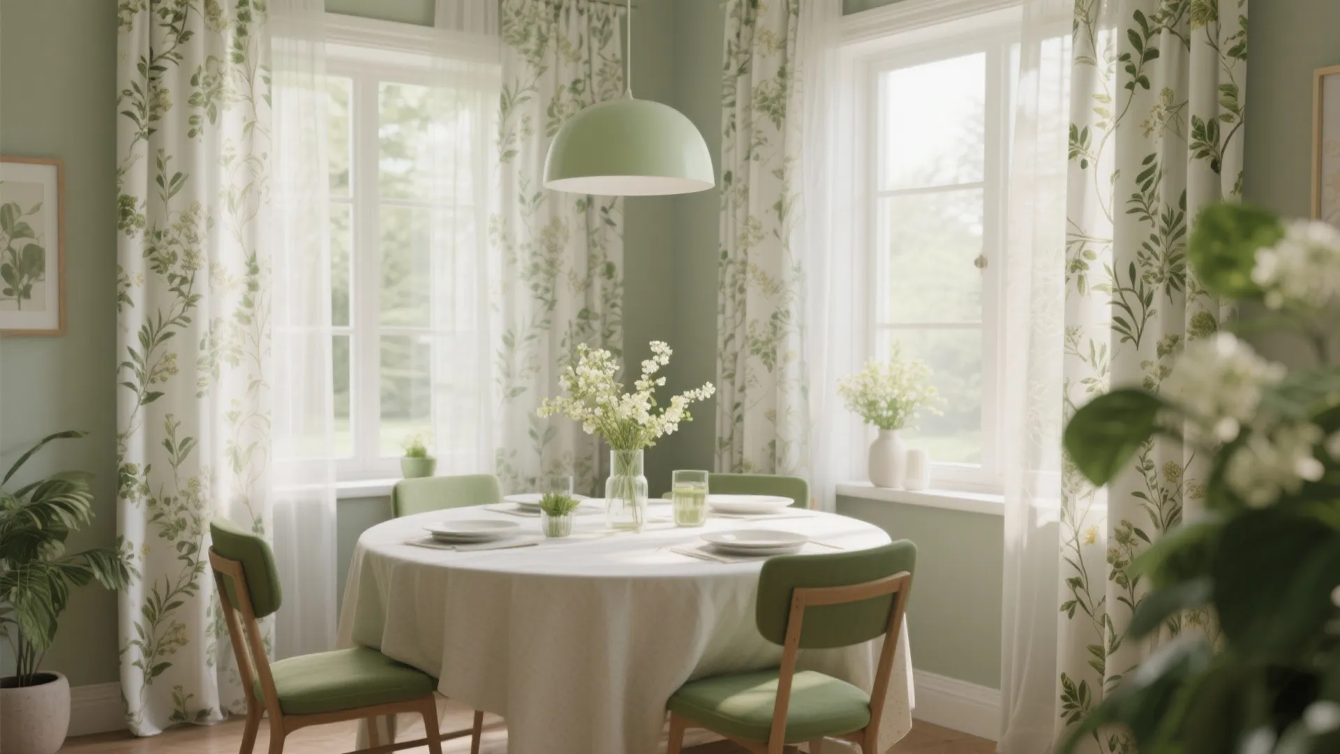 Dining corner with botanical patterned voile curtains in daylight