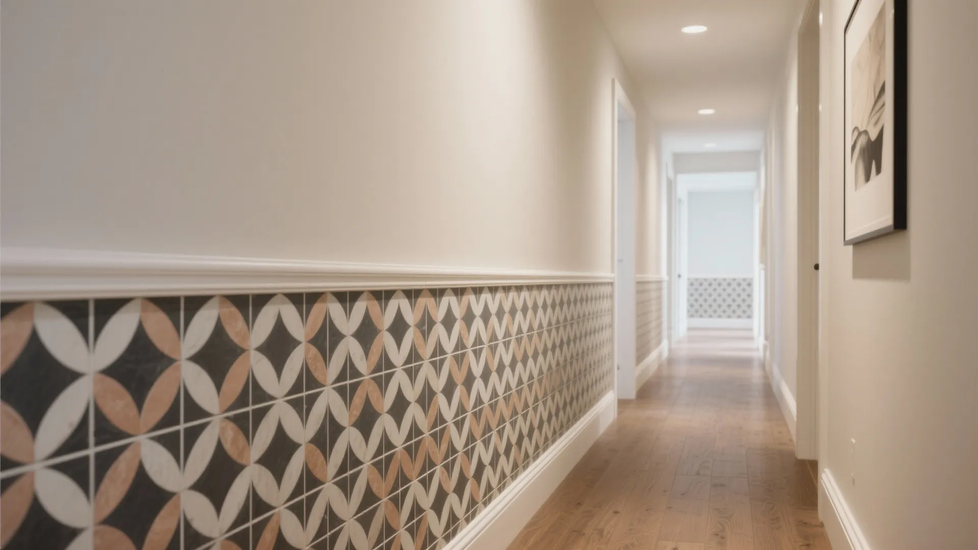 Hallway with geometric tile wainscot and light wall above for balanced character.