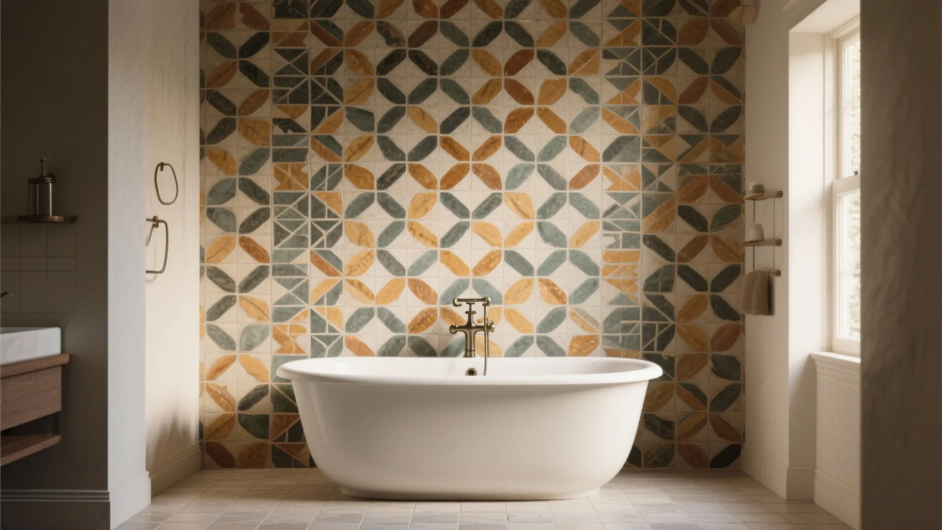 White bathtub placed in front of a colorful patterned tile wall with a bright window
