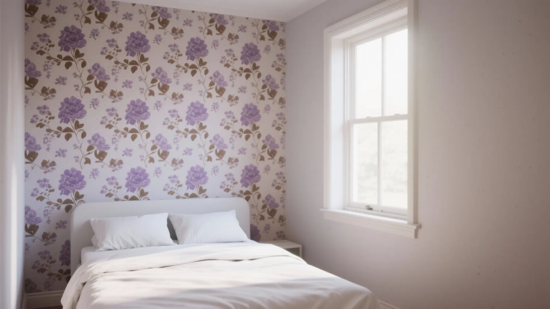 Bedroom with patterned lavender and brown wallpaper and white bedding