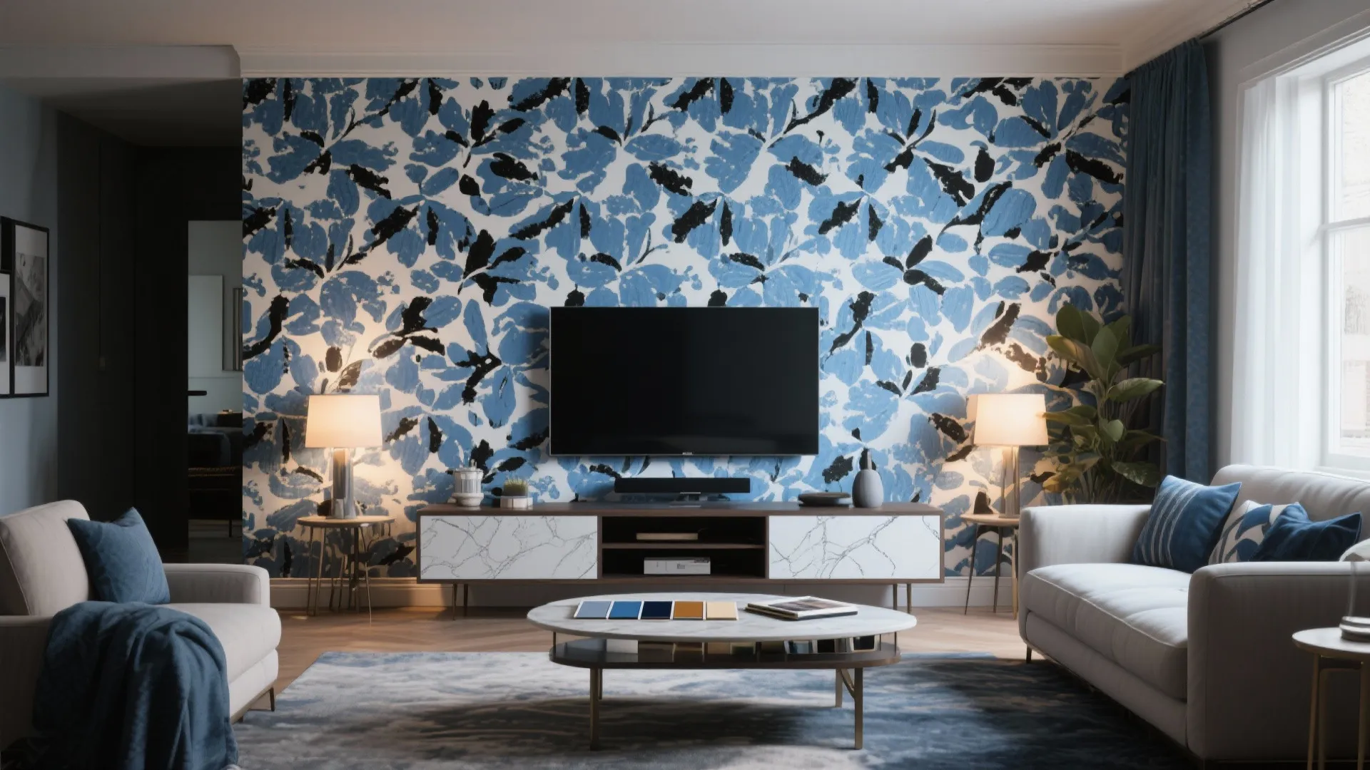 5. Patterned wallpaper as a focal bridge