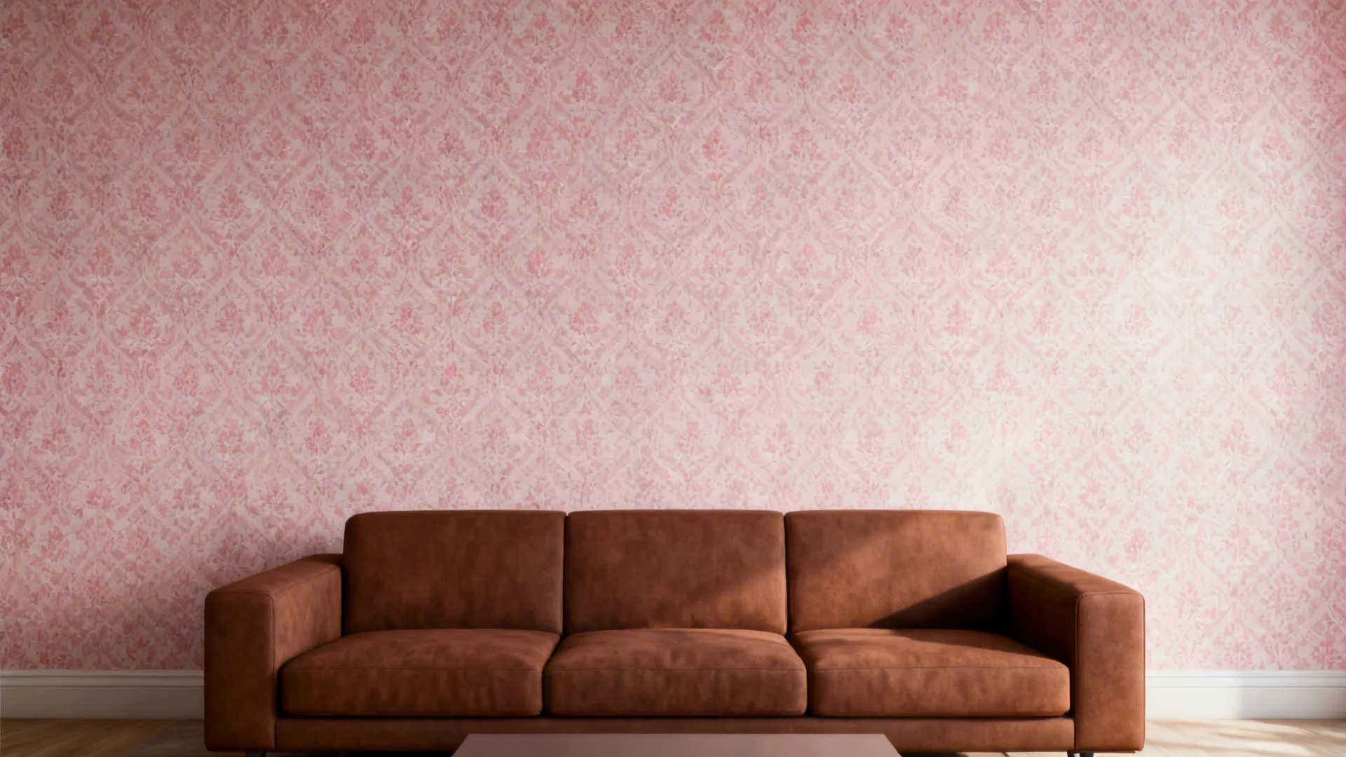 3. Patterned Wallpaper and Solid Brown Sofa