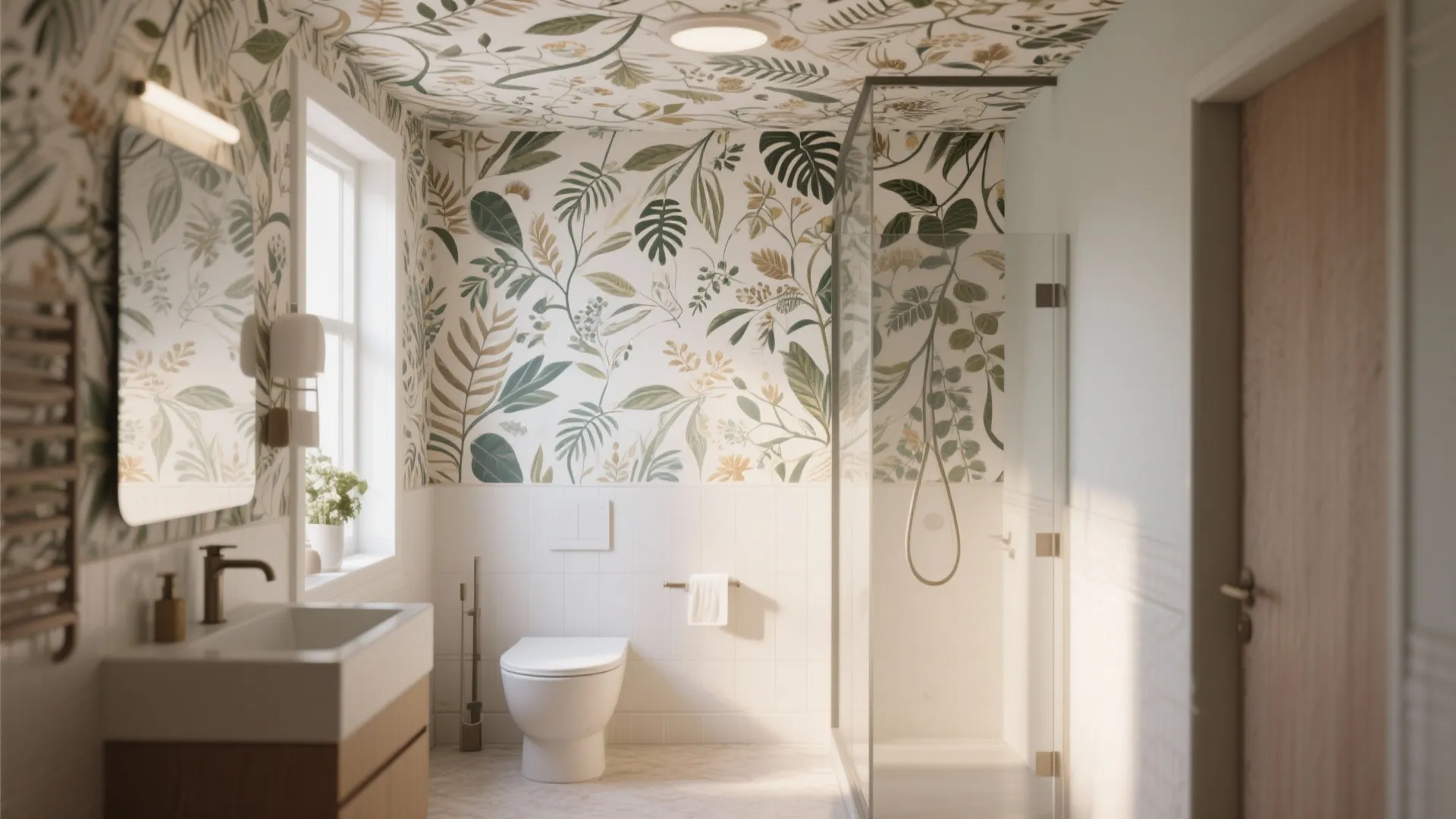 Modern bathroom with green leaf patterned wallpaper on walls and ceiling including white toilet and shower