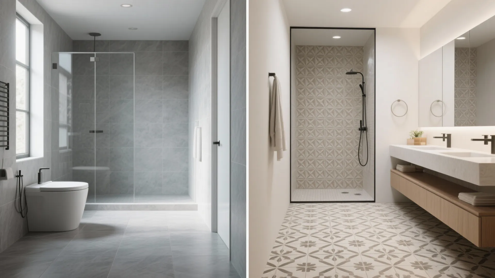 Before and after comparison of simple grey bathroom tiles versus decorative patterned bathroom floor tile design