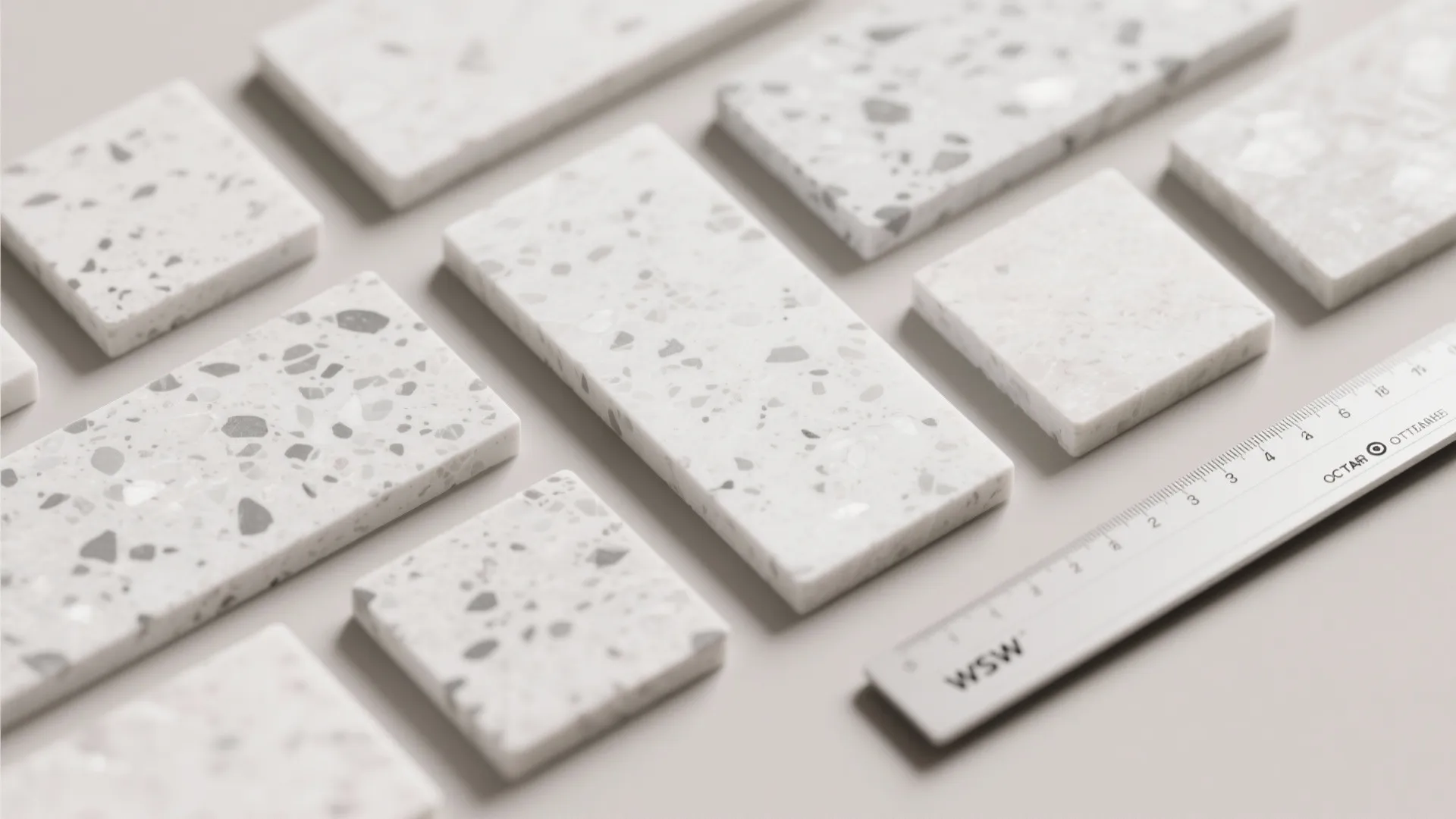 Collection of white stone material samples with various grey patterns placed next to a ruler