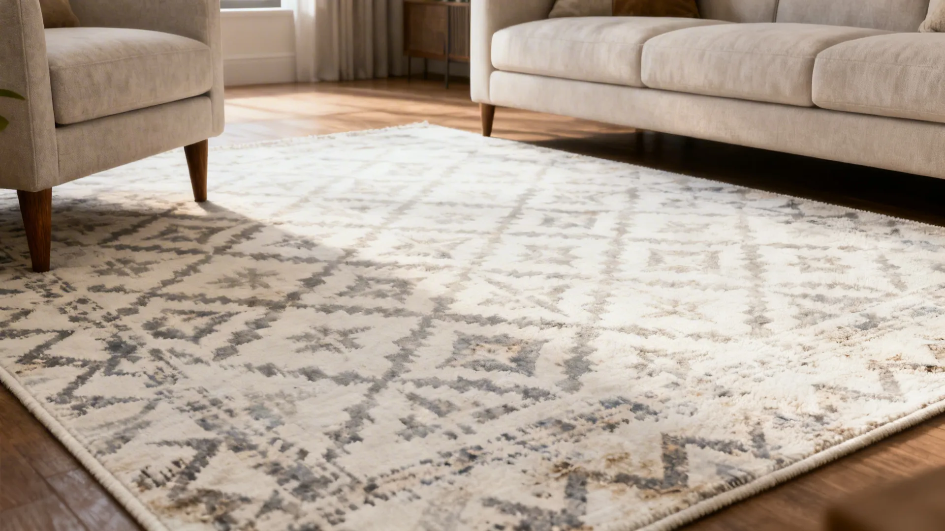 Living room with a low-contrast patterned white rug that hides wear and adds subtle personality.