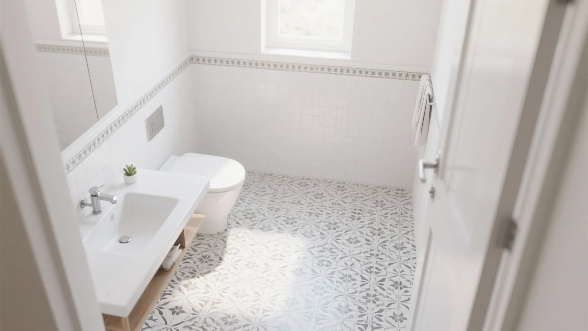 Bright white bathroom featuring patterned floor tiles white sink toilet small window and natural light