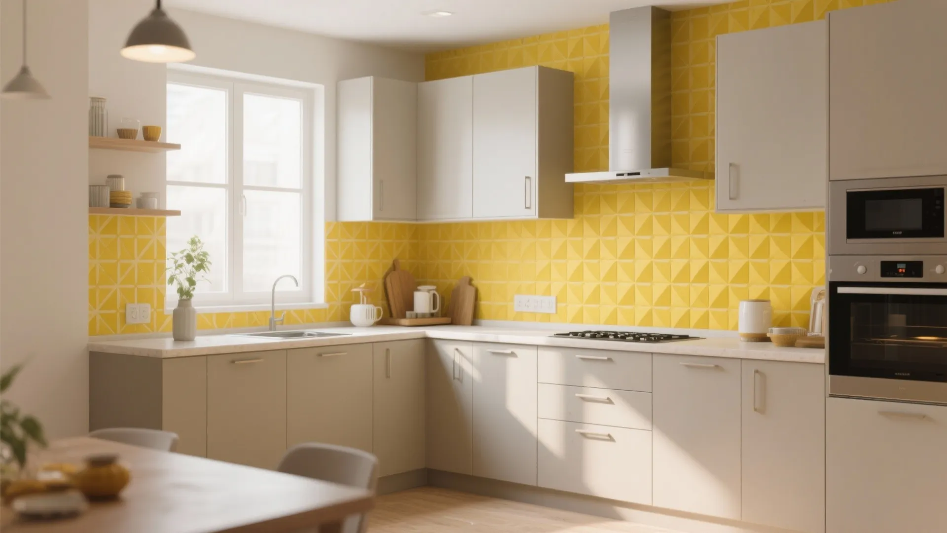 Modern kitchen with yellow patterned wall tiles white cabinets grey counters and natural light from window