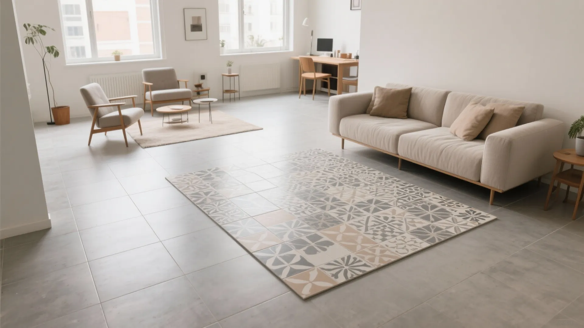 Modern living room featuring patterned floor tiles grey sofa two chairs and a work desk