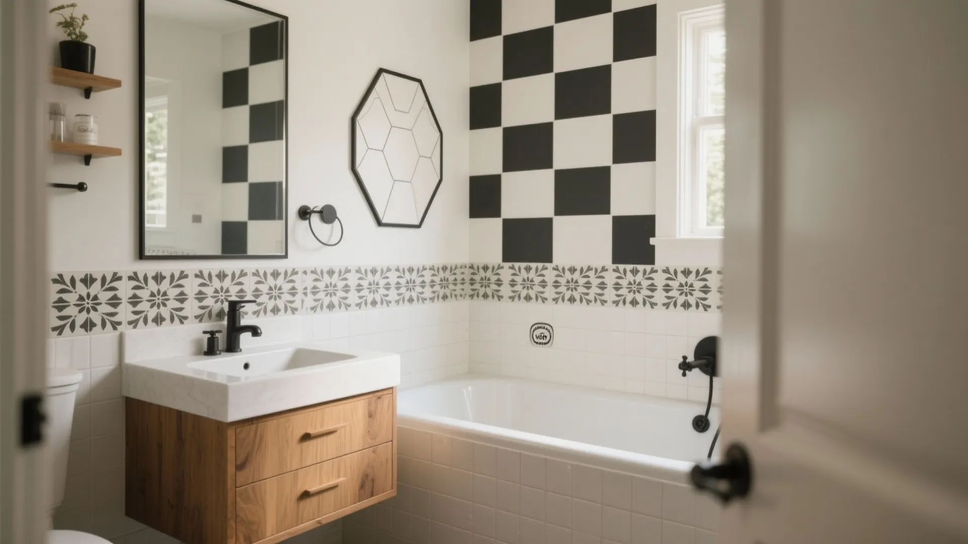 Patterned zones to define vanity and shower