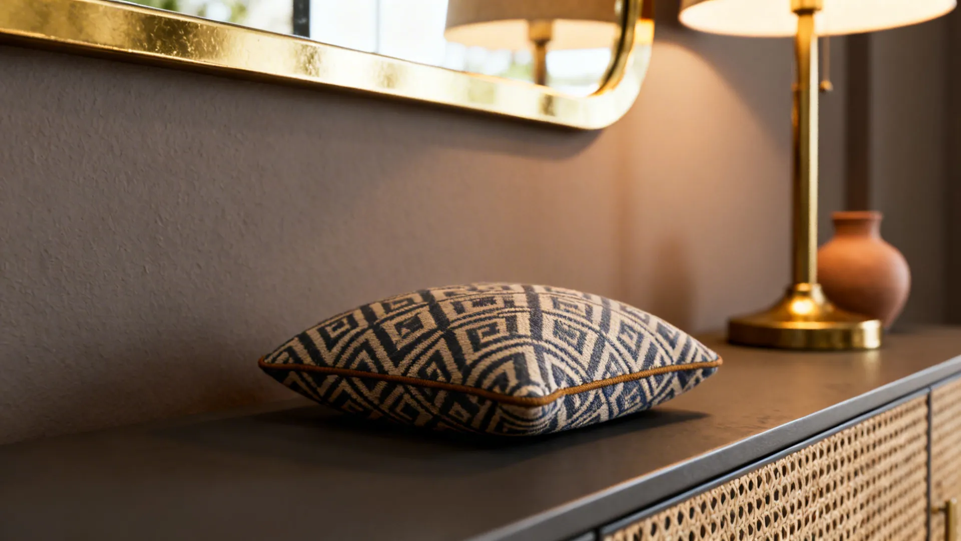 Patterned cream cushion with brushed gold mirror and brass lamp accent