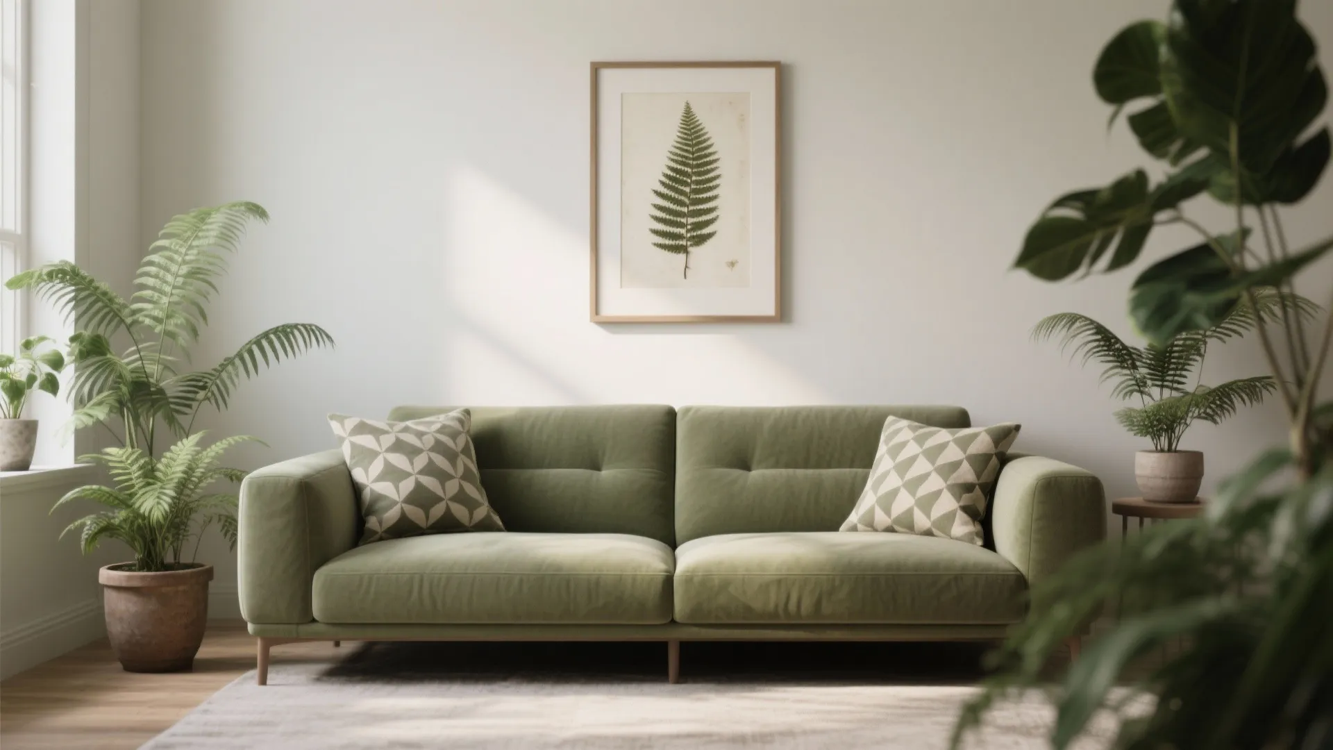 Modern green sofa with patterned pillows beside indoor plants and a leaf painting on wall