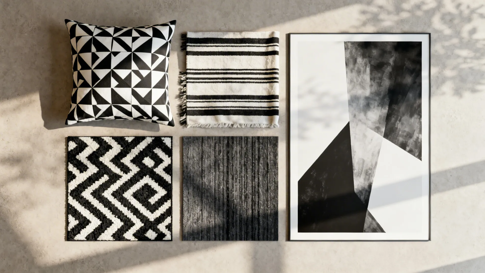 Flatlay of black-and-white pattern samples: cushion, striped throw, rug swatch and art print.