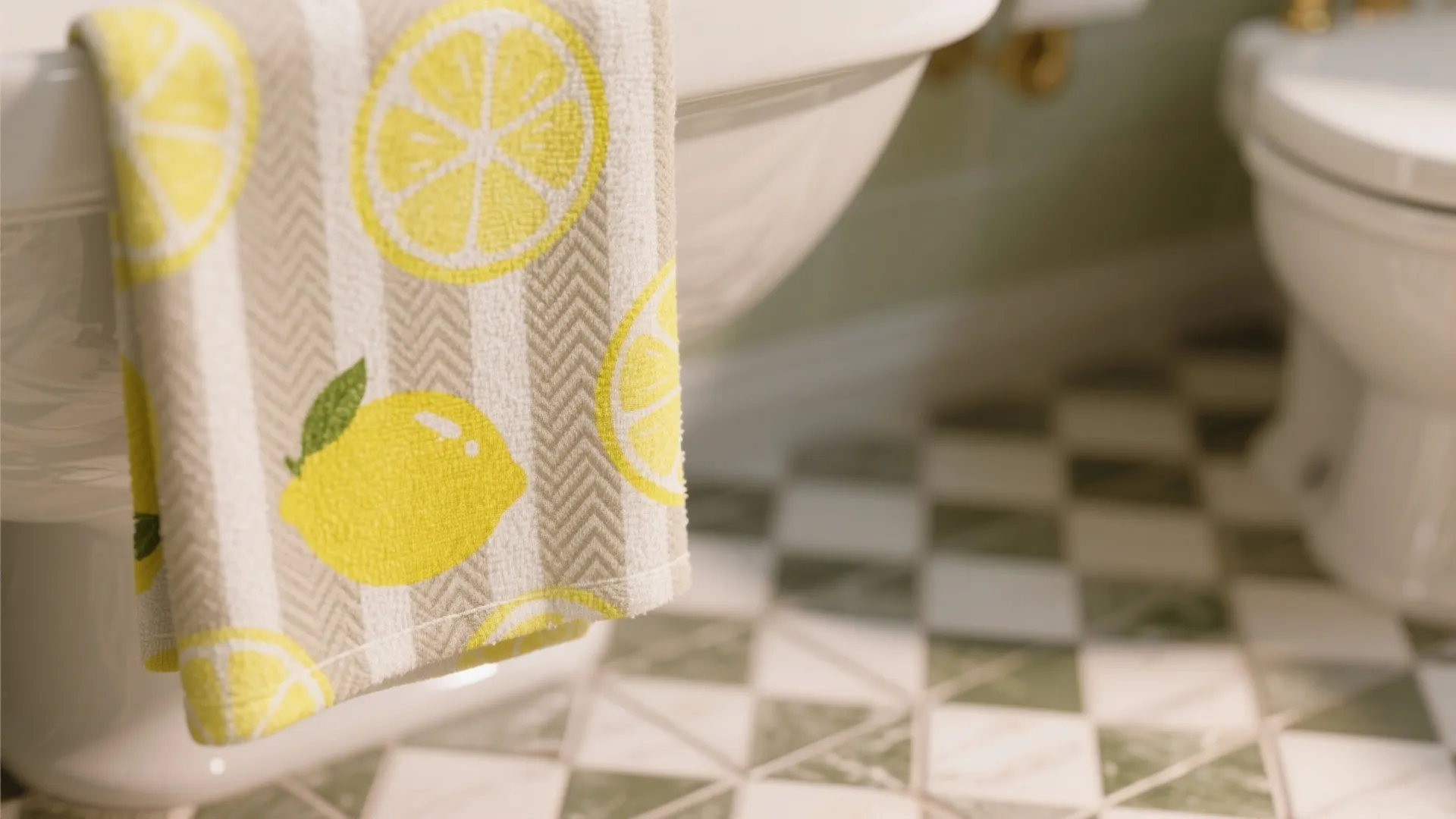 Close up of towel with lemon pattern hanging over white sink on green checkered floor tiles