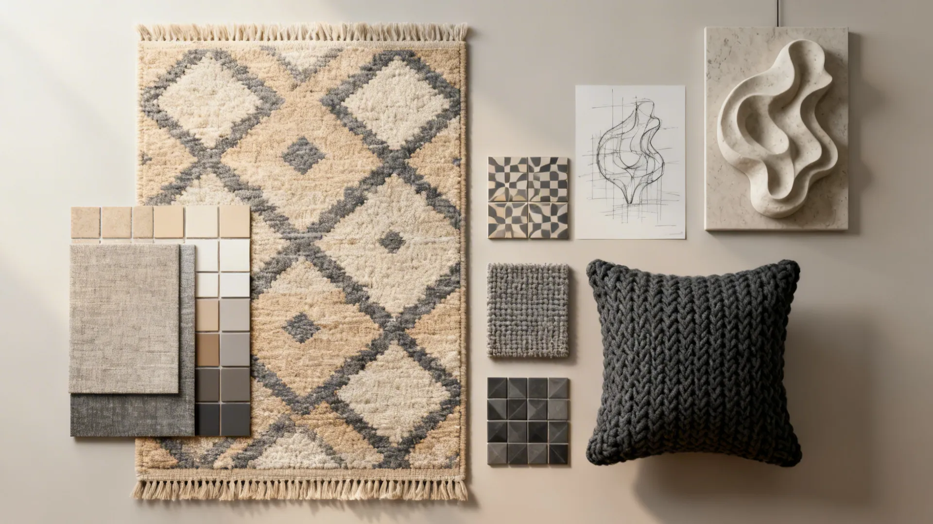 Flatlay of rug, cushion, and wall-hanging samples in beige and gray patterns