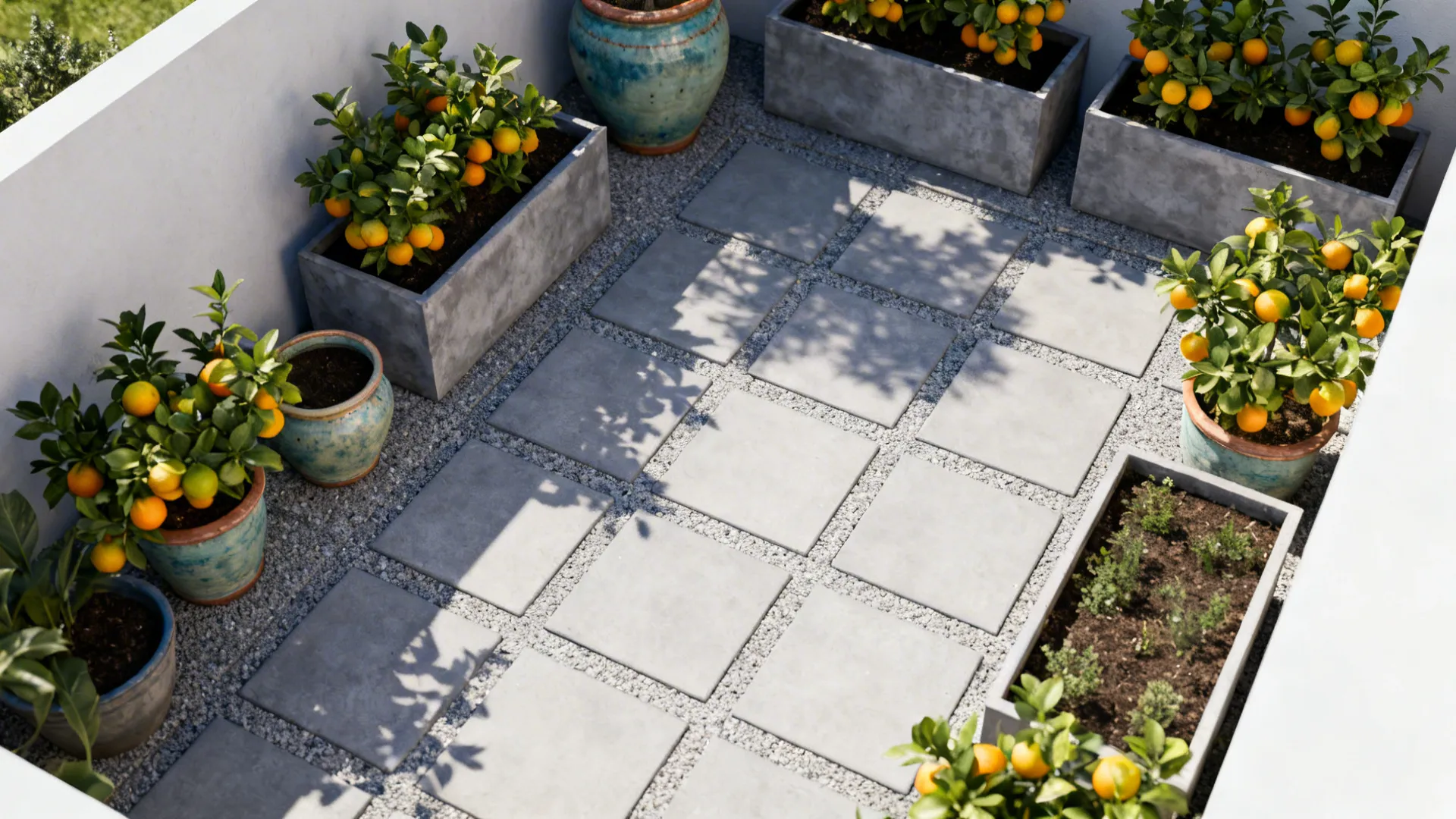 2. Paved Courtyard with Container Gardens