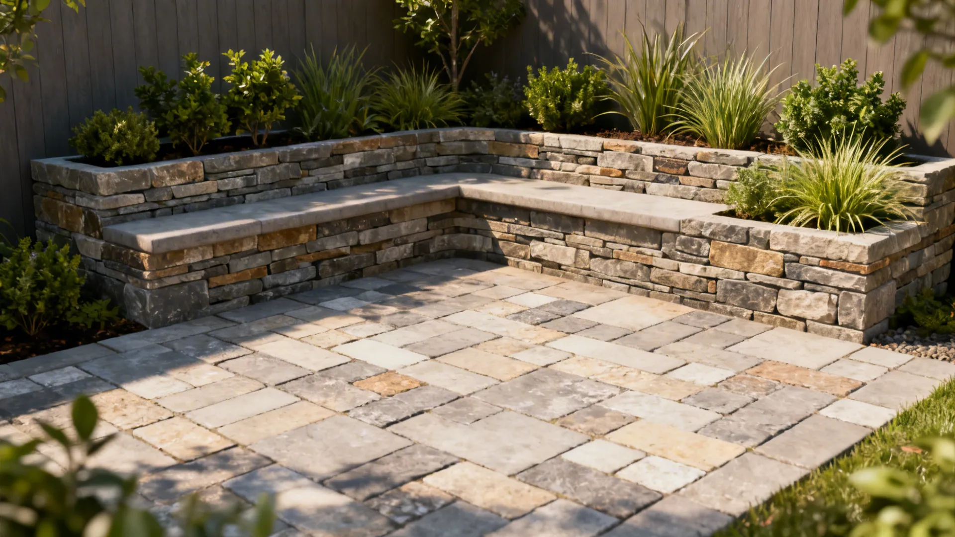 Paved patio with layered stone planters that double as benches and mixed-height planting.