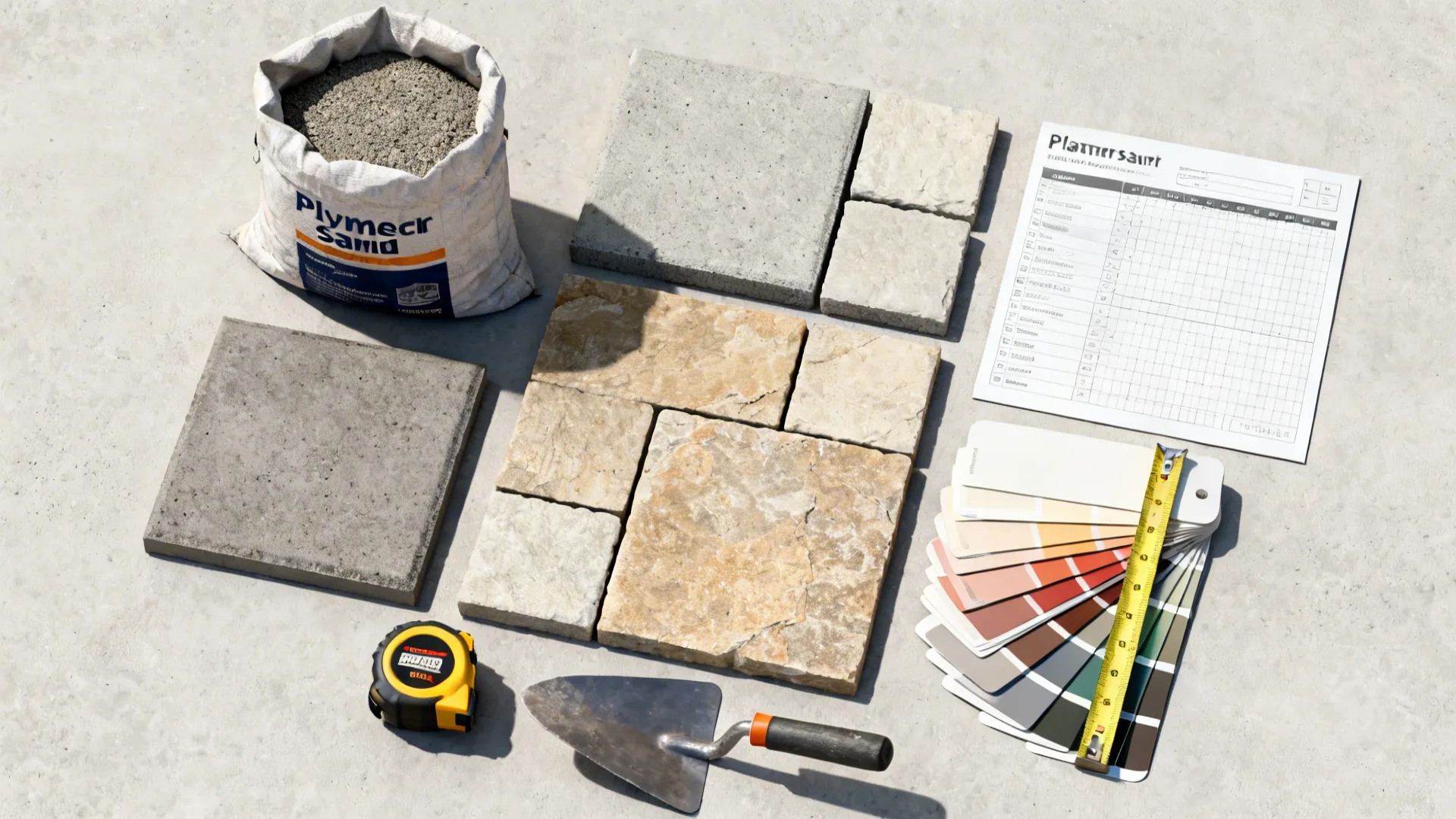 Flatlay of paver samples, polymeric sand, tools and planning materials for patio projects