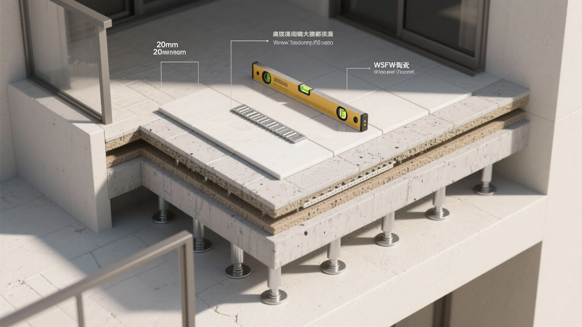 Top-down view of concrete slab, adjustable pedestals, and a porcelain paver illustrating the system layers.